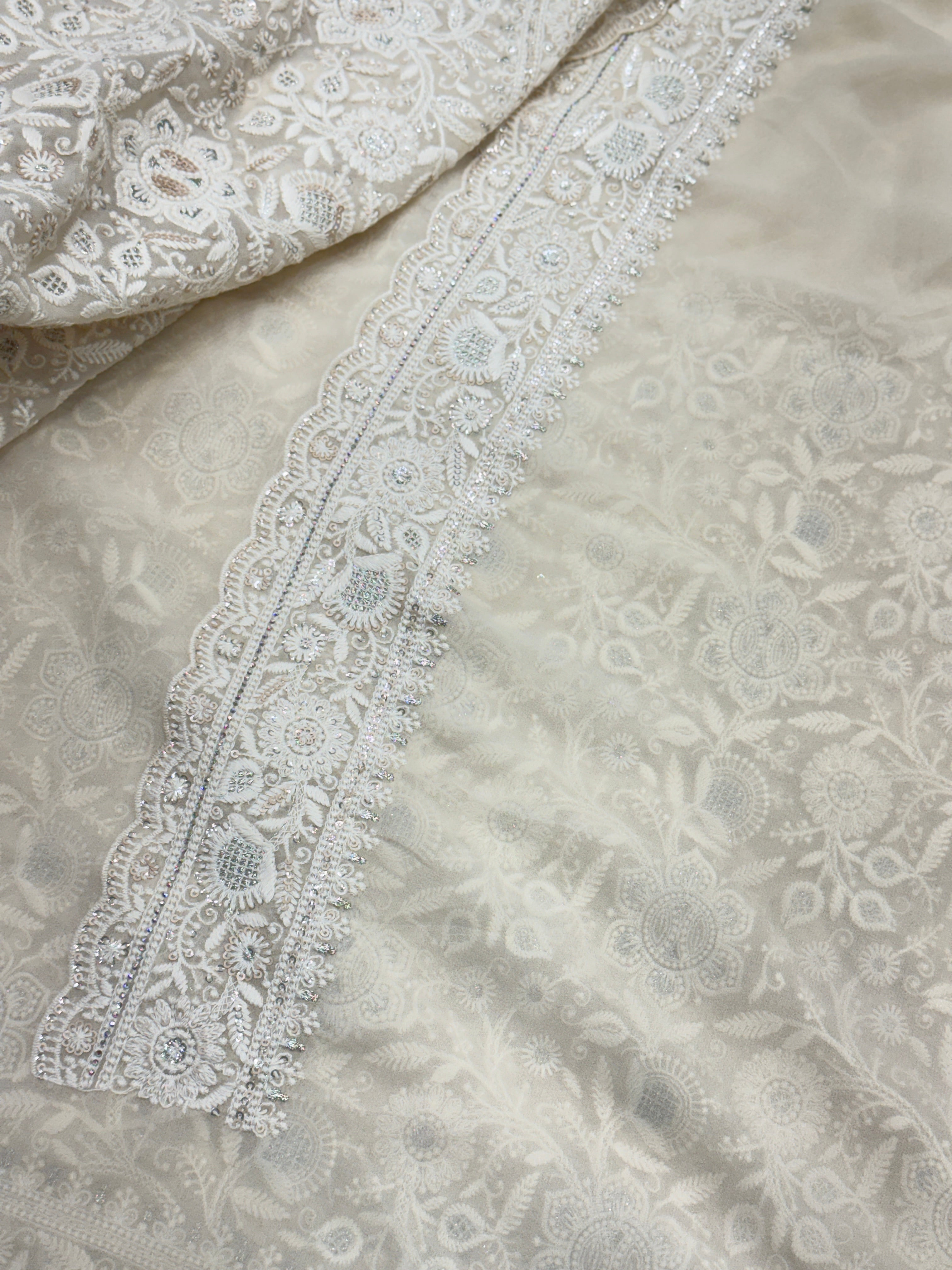 Moti White Chikankari Small Scallop Design Saree