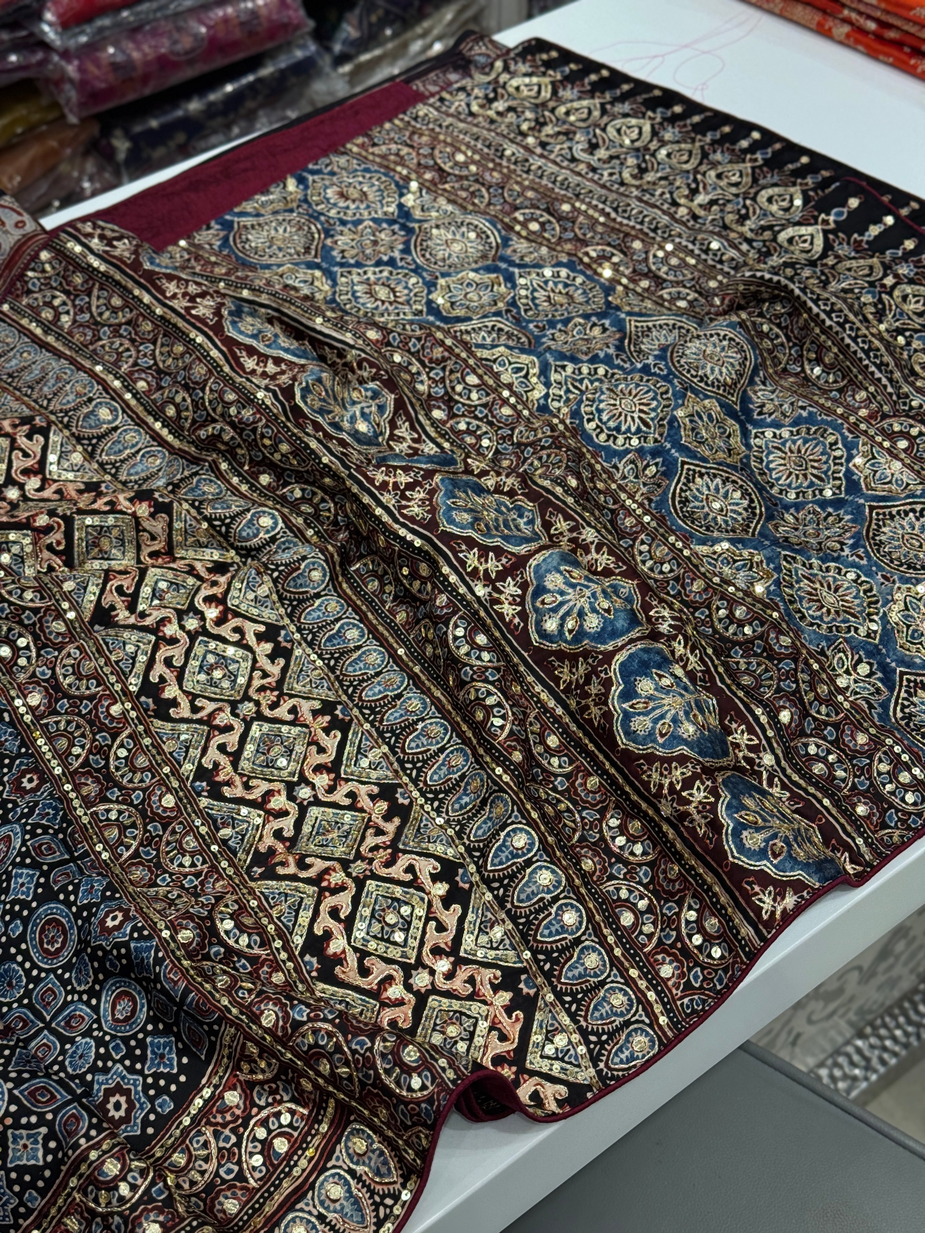 Blue Black Pita Zardosi Sequin Ajrakh Hand Embroidery Saree