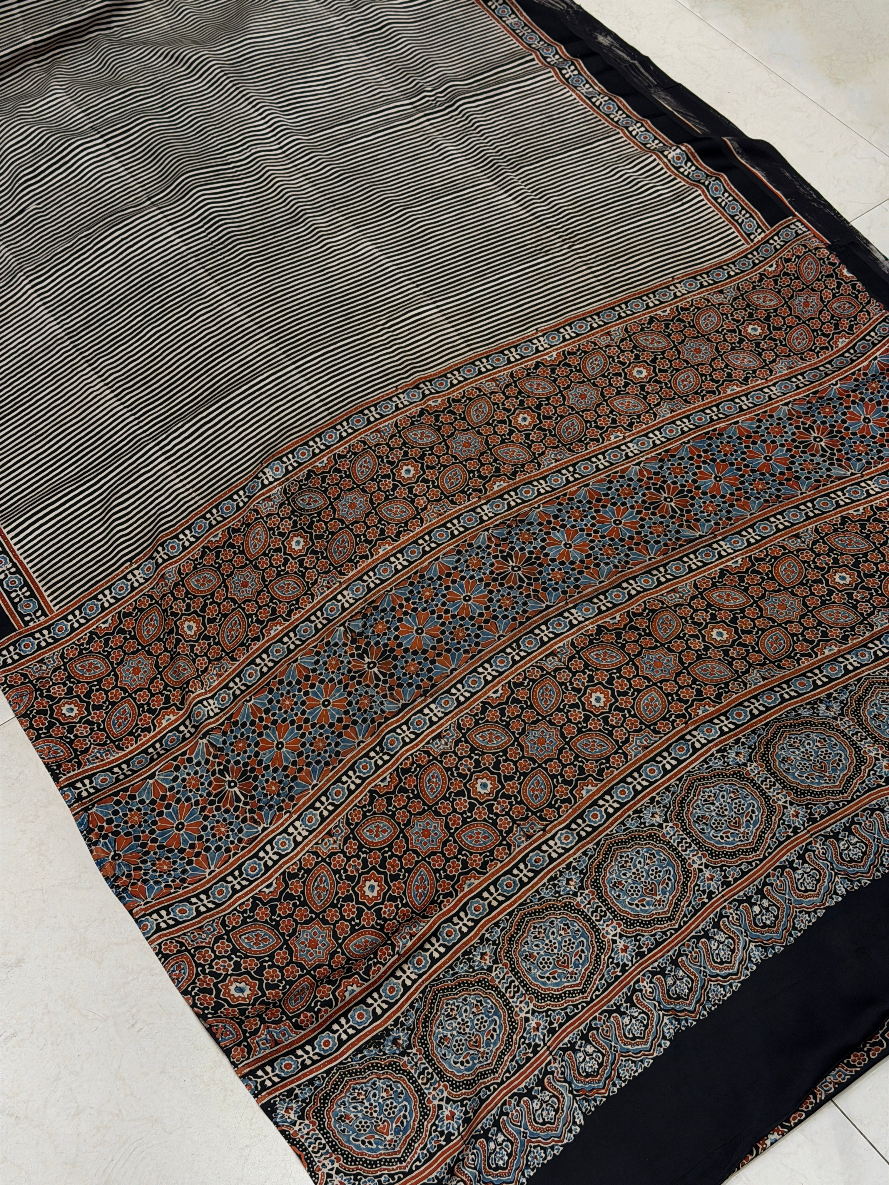 White Black Lines Ajrakh Hand Block Print Pure Modal Silk Saree