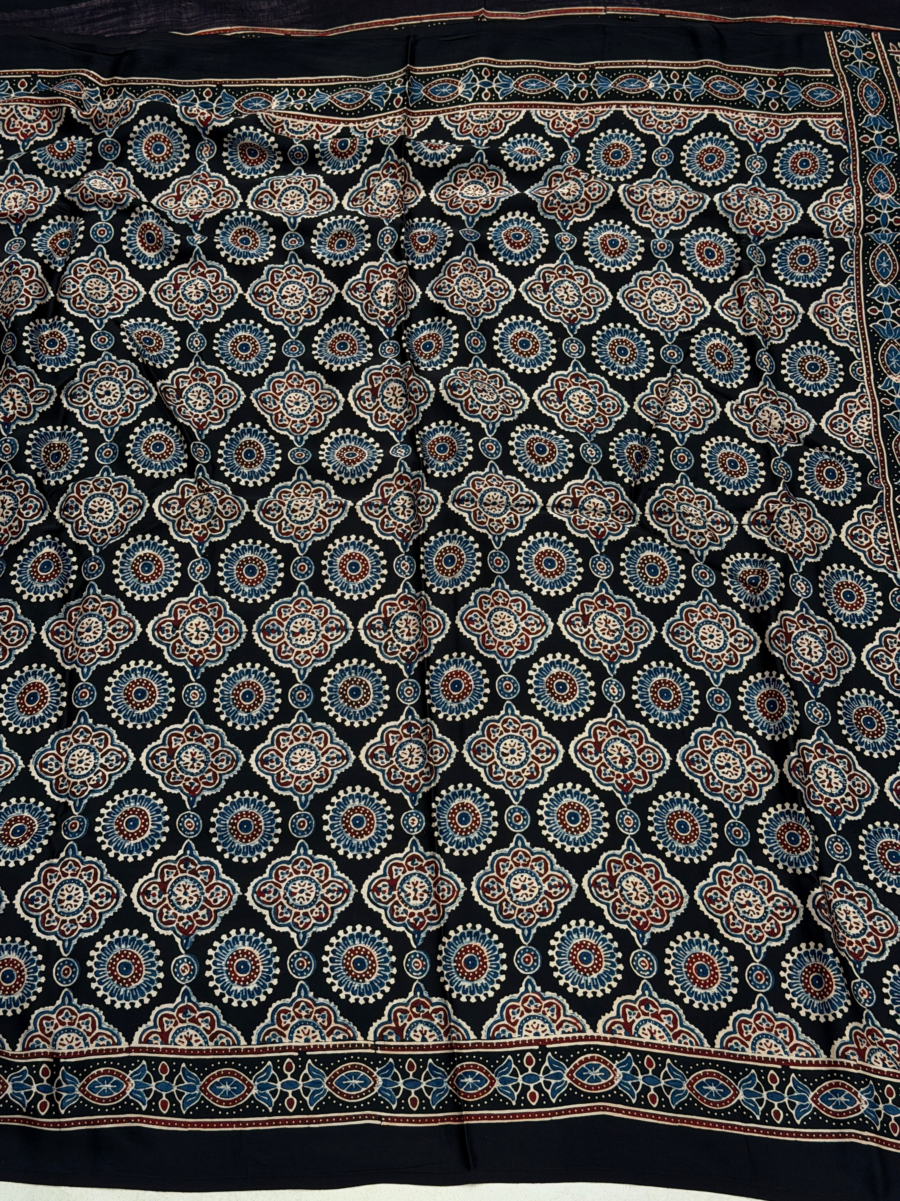 Black Geometric Circles Ajrakh Hand Block Print Pure Modal Silk Saree