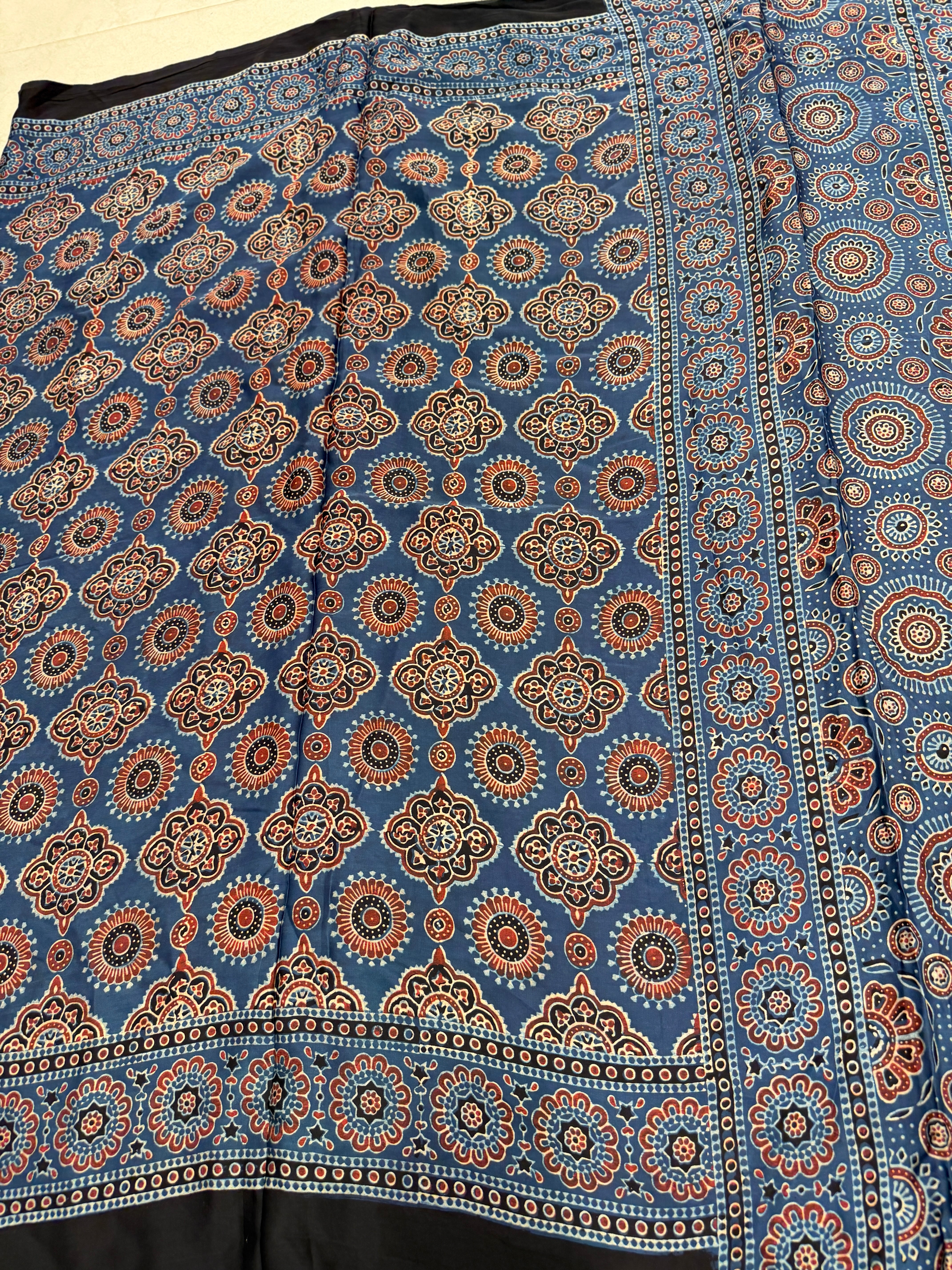 Blue Badam Jaal Ajrakh Hand Block Print Pure Gajji Silk Saree