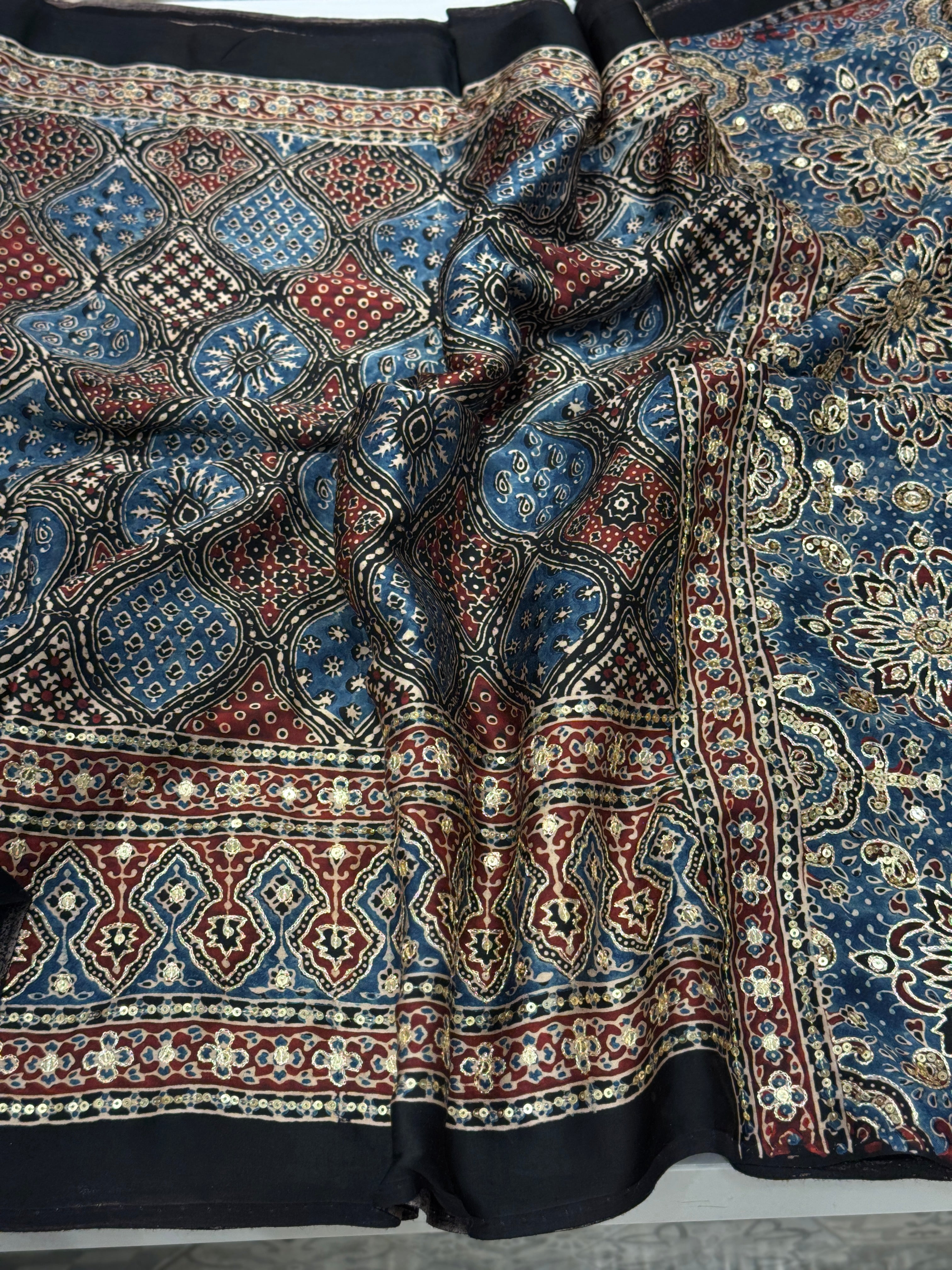 Blue Badam Abstract Jaal Pita Sequin Ajrakh Hand Embroidery Saree