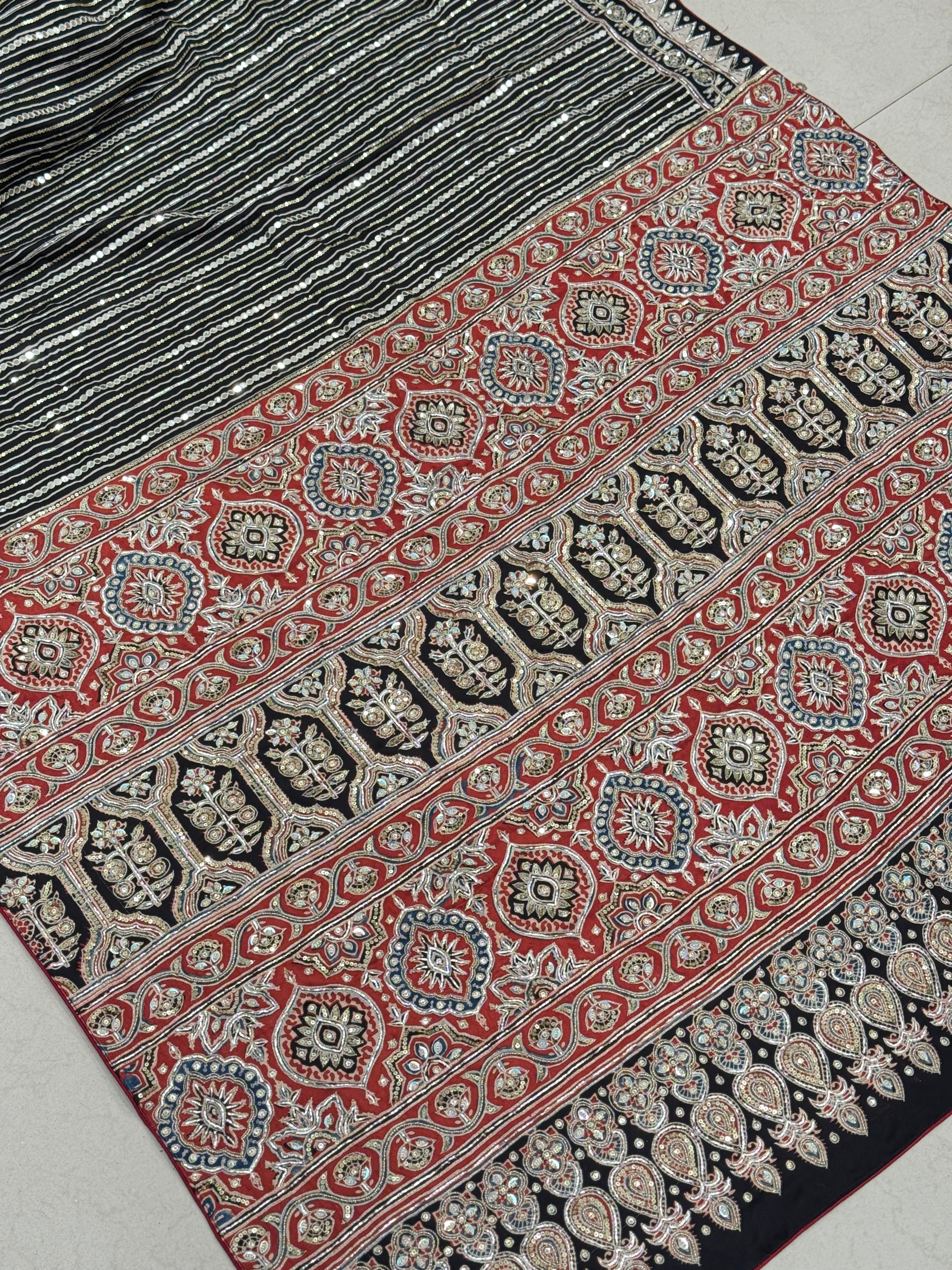 Black Red Contemporary Mirror Ajrakh Hand Embroidery Saree