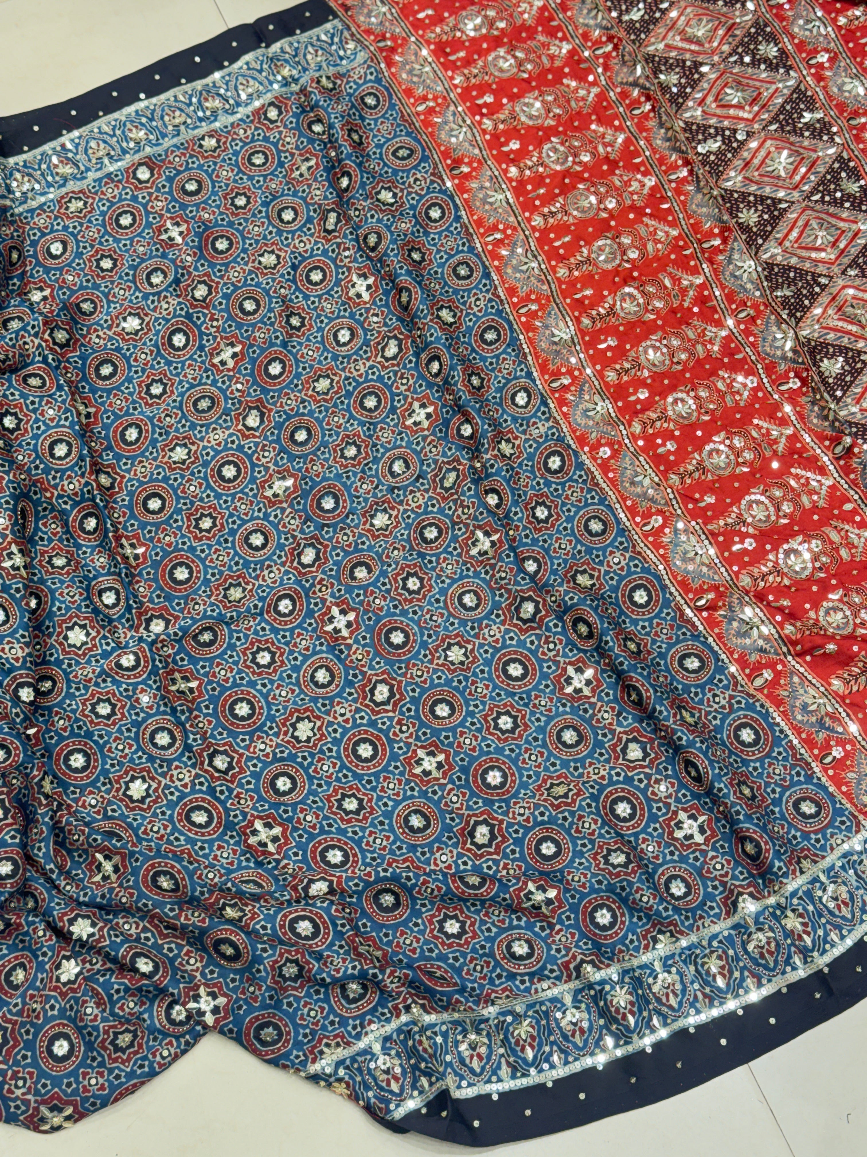 Blue Red Four Square Moti Sequin Ajrakh Hand Embroidery Saree