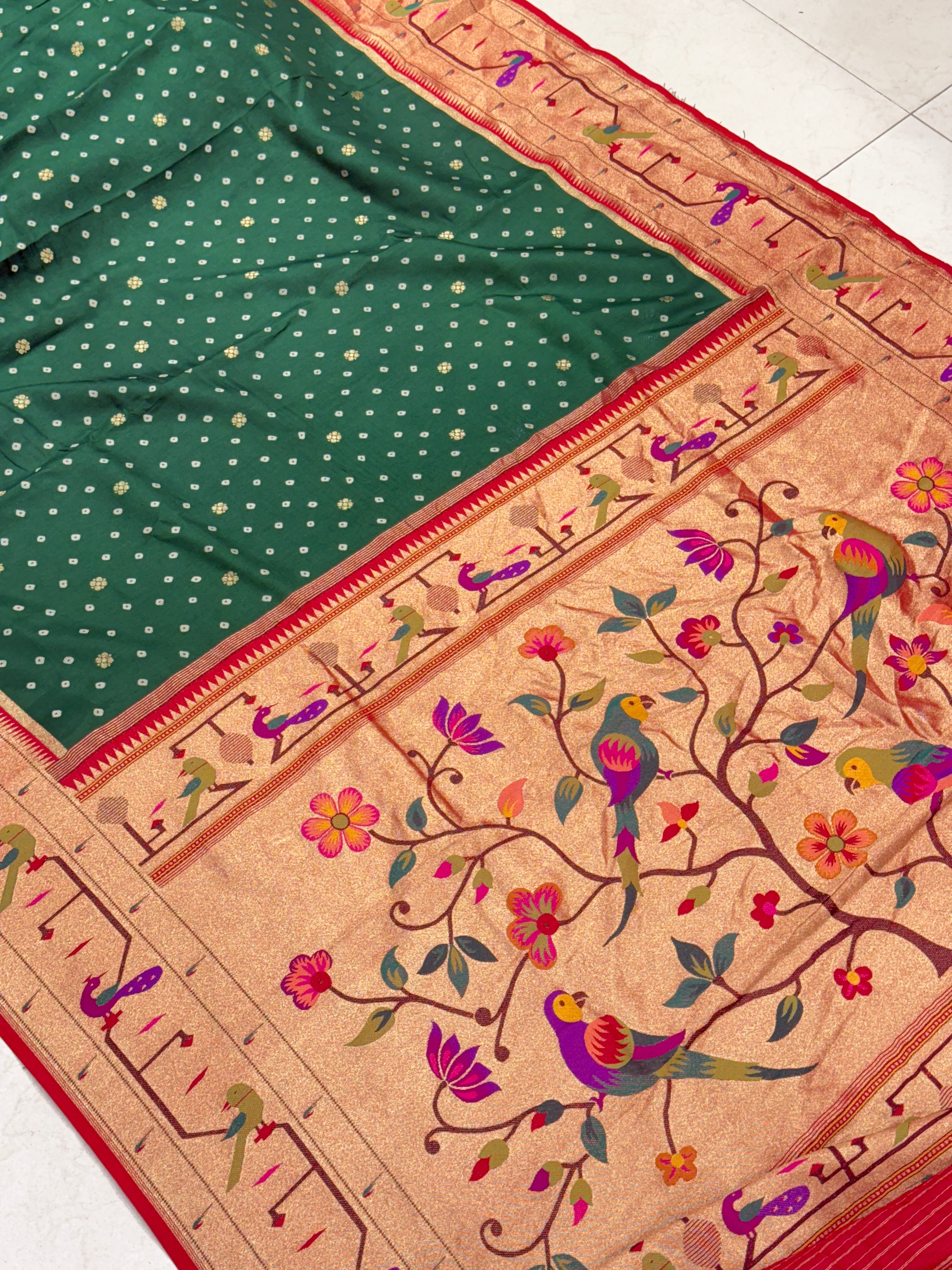 Bottle Green Munga Paithani Saree