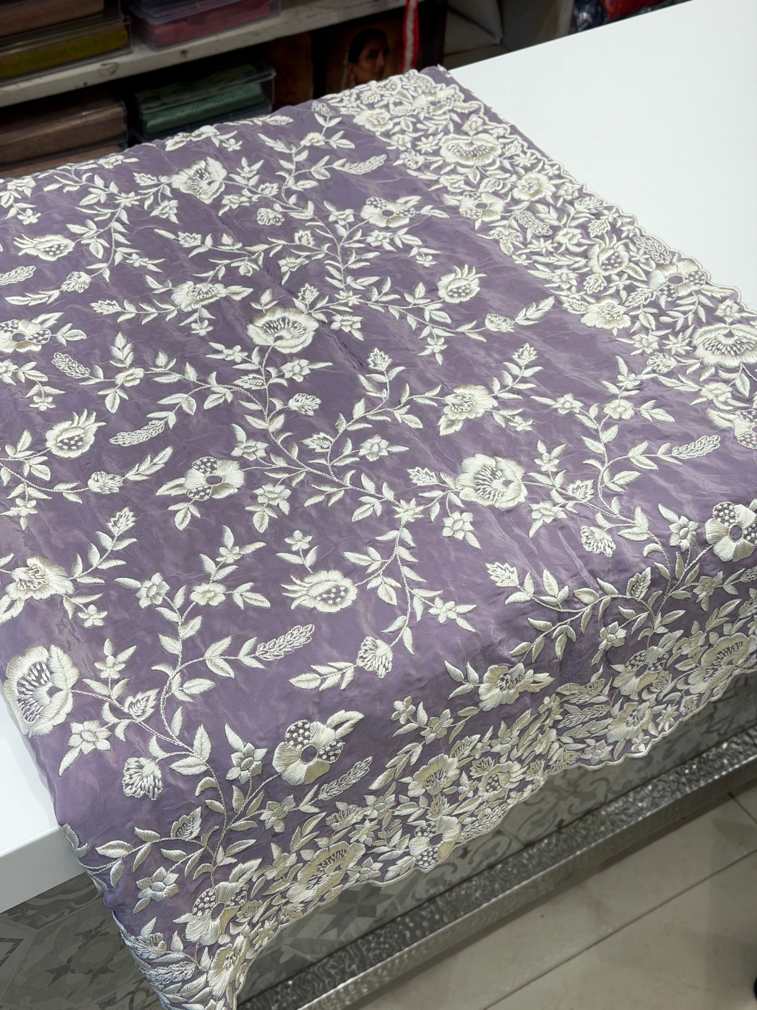 Lilac Crepe Floral Jaal Flamingo Resham Embroidery Saree