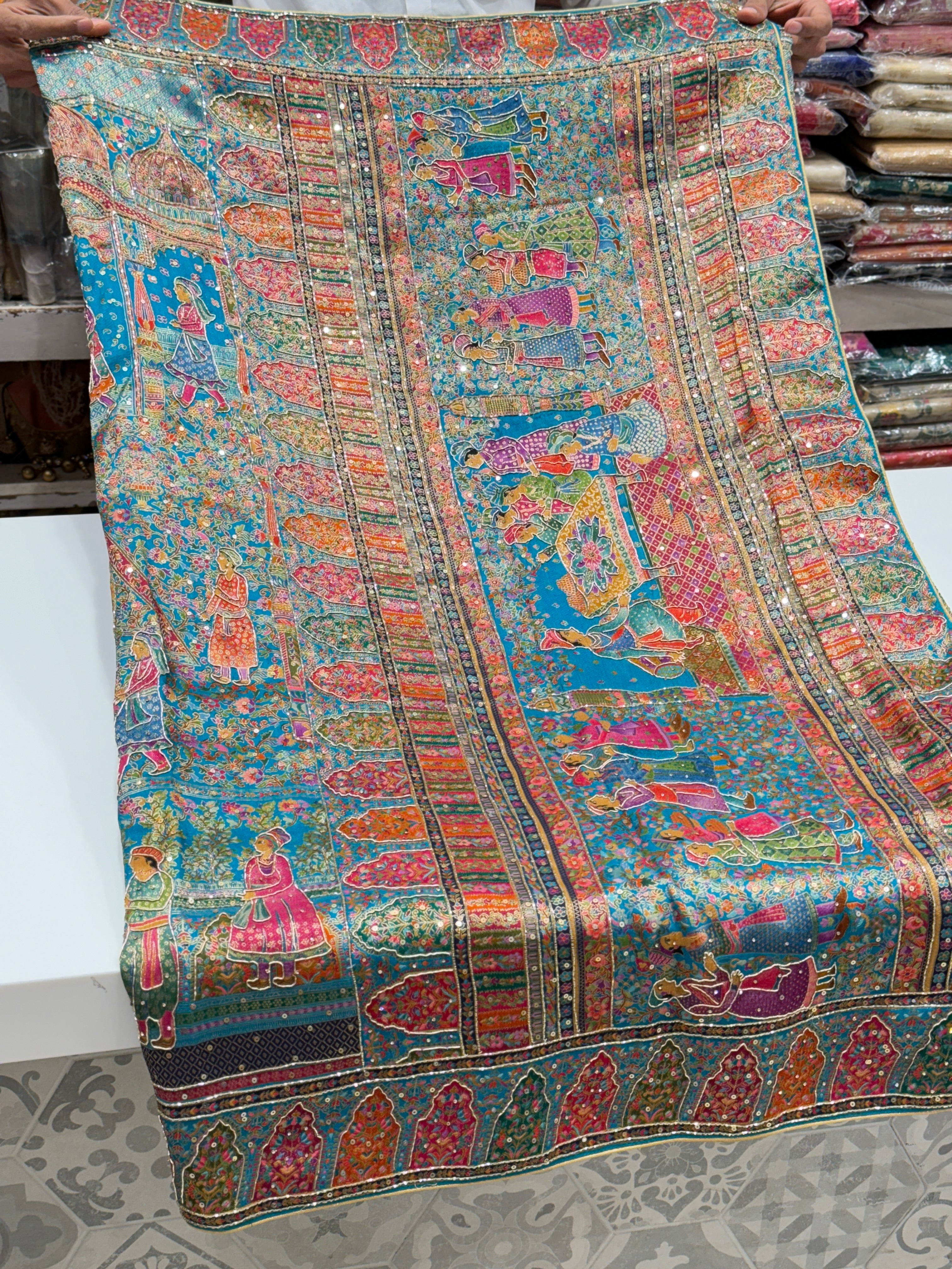 Firozi Blue Darbar Pashmina Style Weave with Hand Embroidery