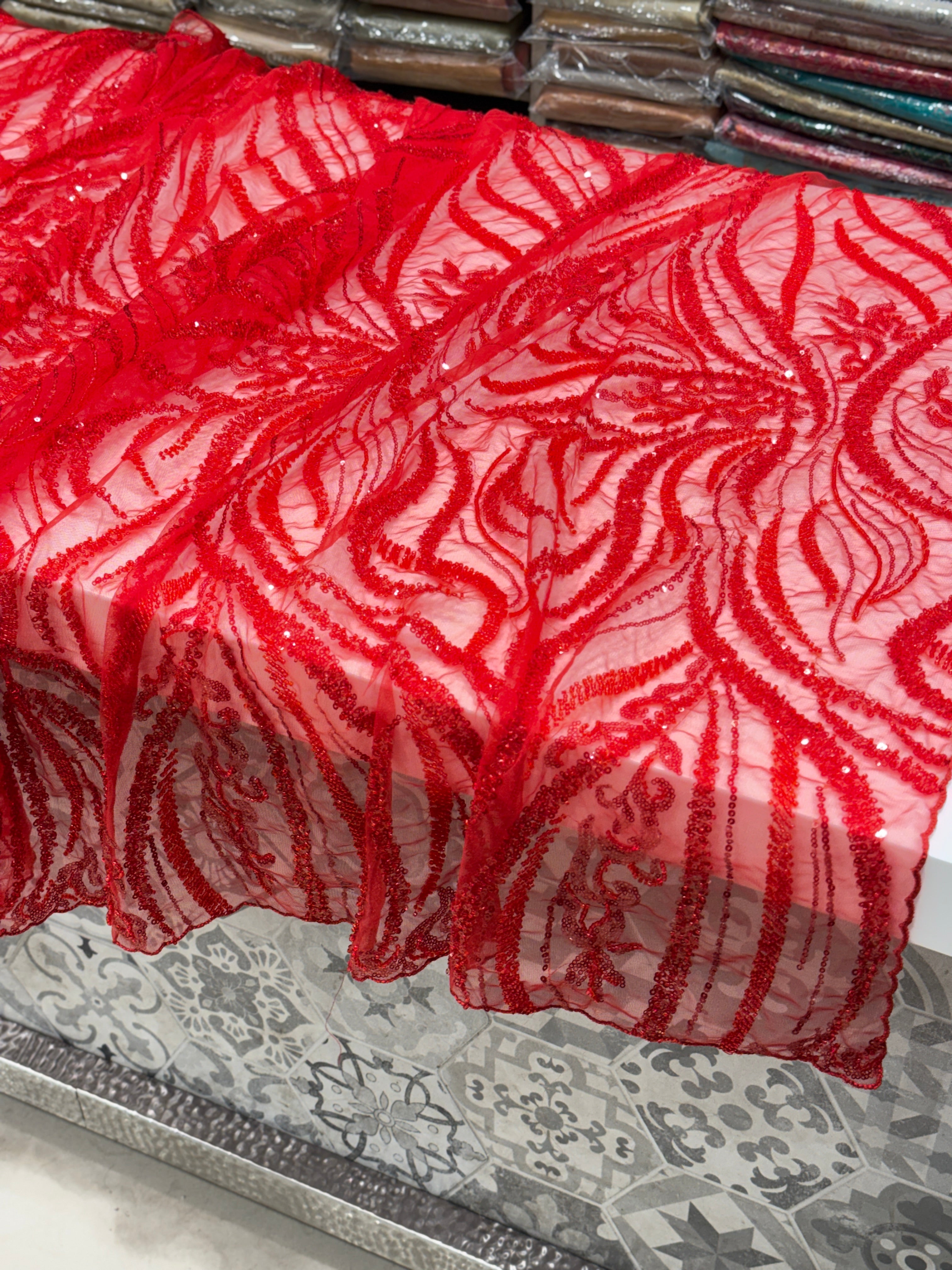 Red on Red Soft Net Moti Sequin Embroidery Saree