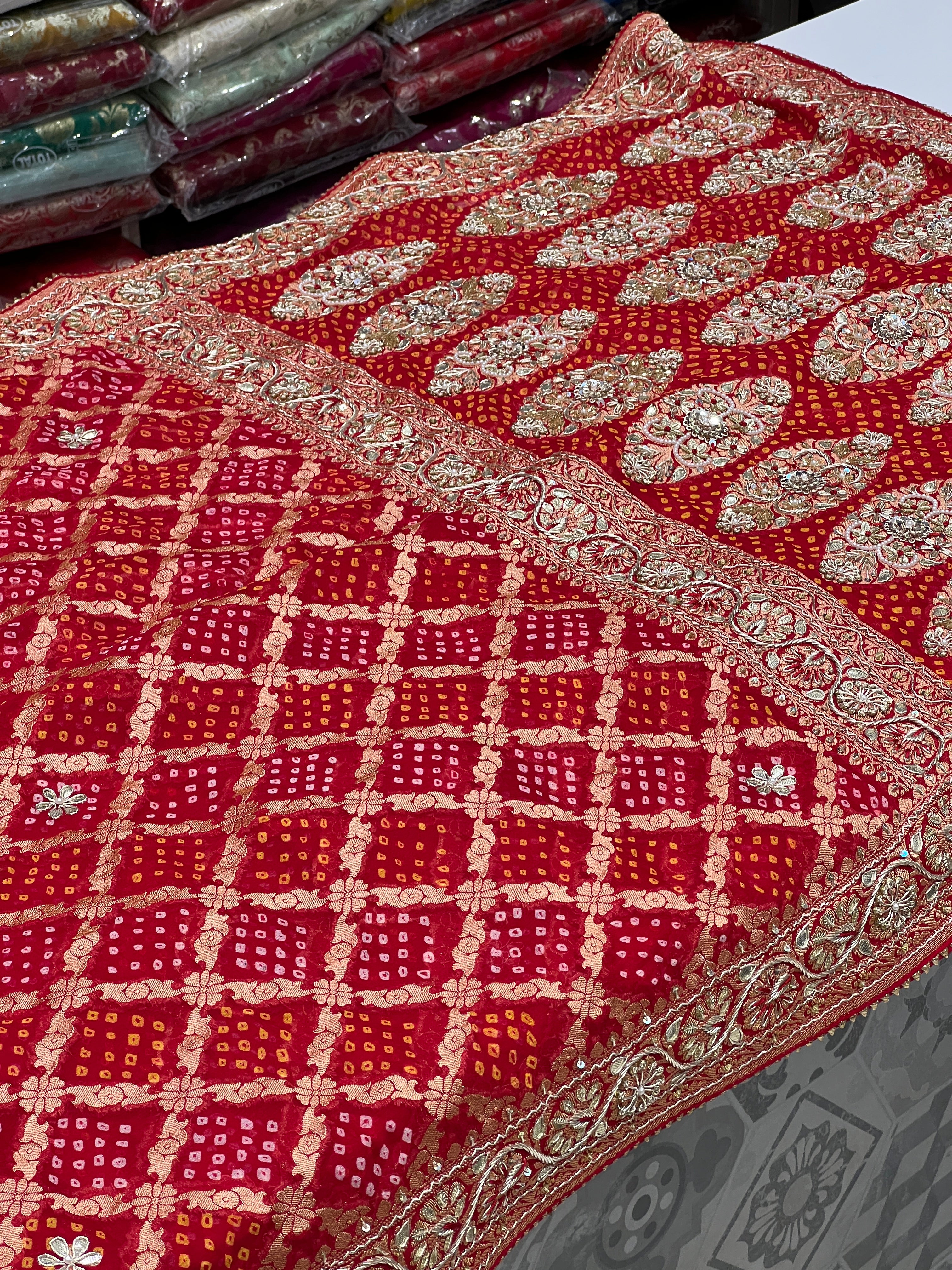 Red Bandhej Resham Zardozi Hand Embroidery Saree