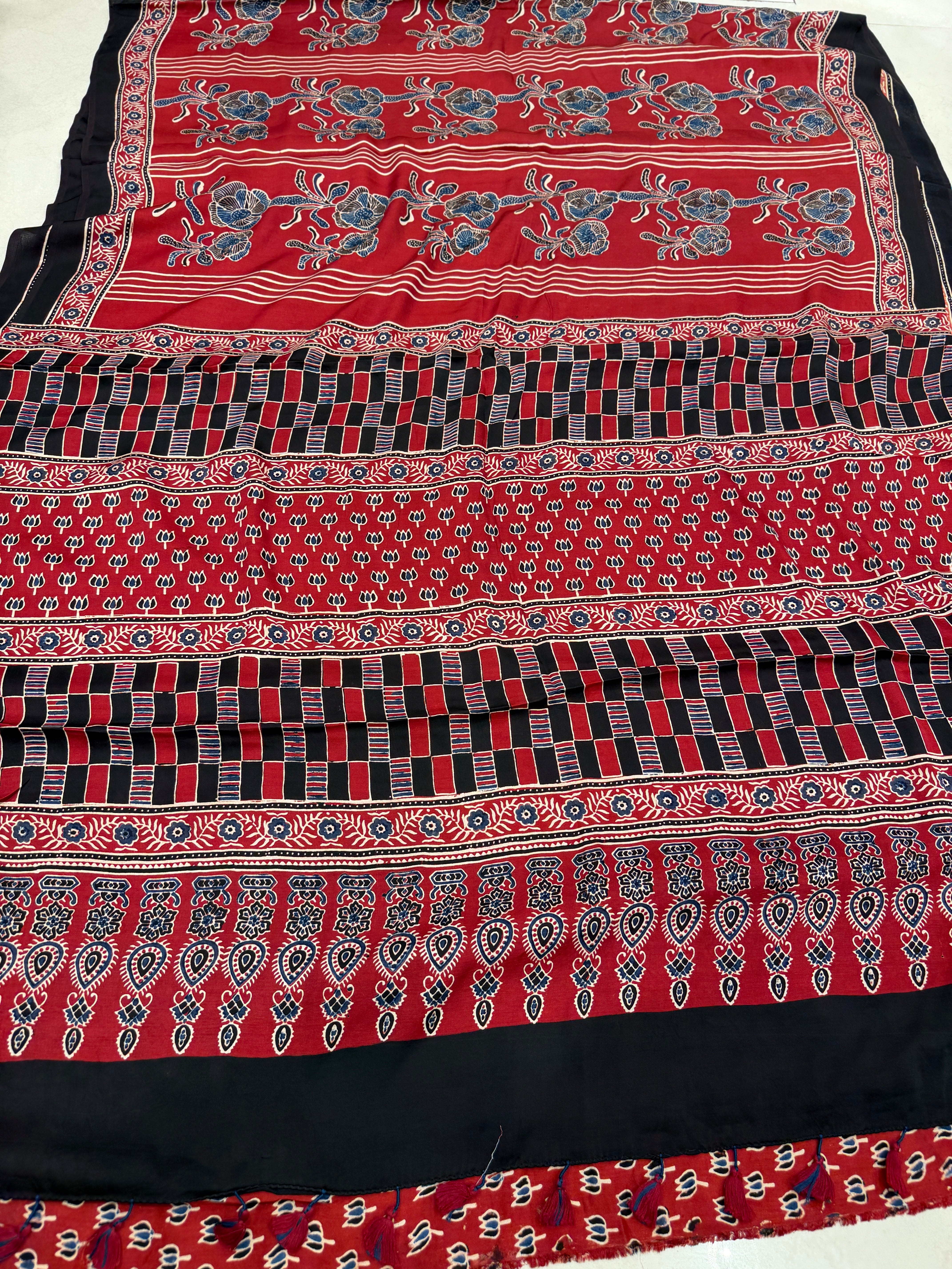 Red Rose Contemporary Ajrakh Block Print Hand Pure Gajji Silk Saree
