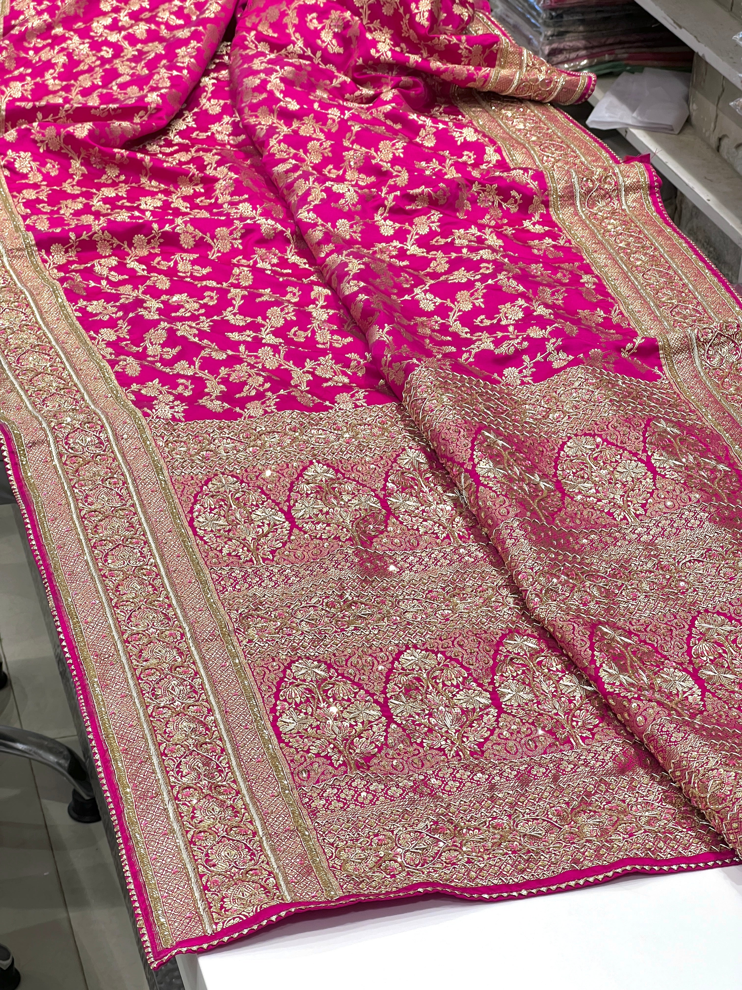 Rani Banarasi Silk Jaal Zardosi Embroidery Saree