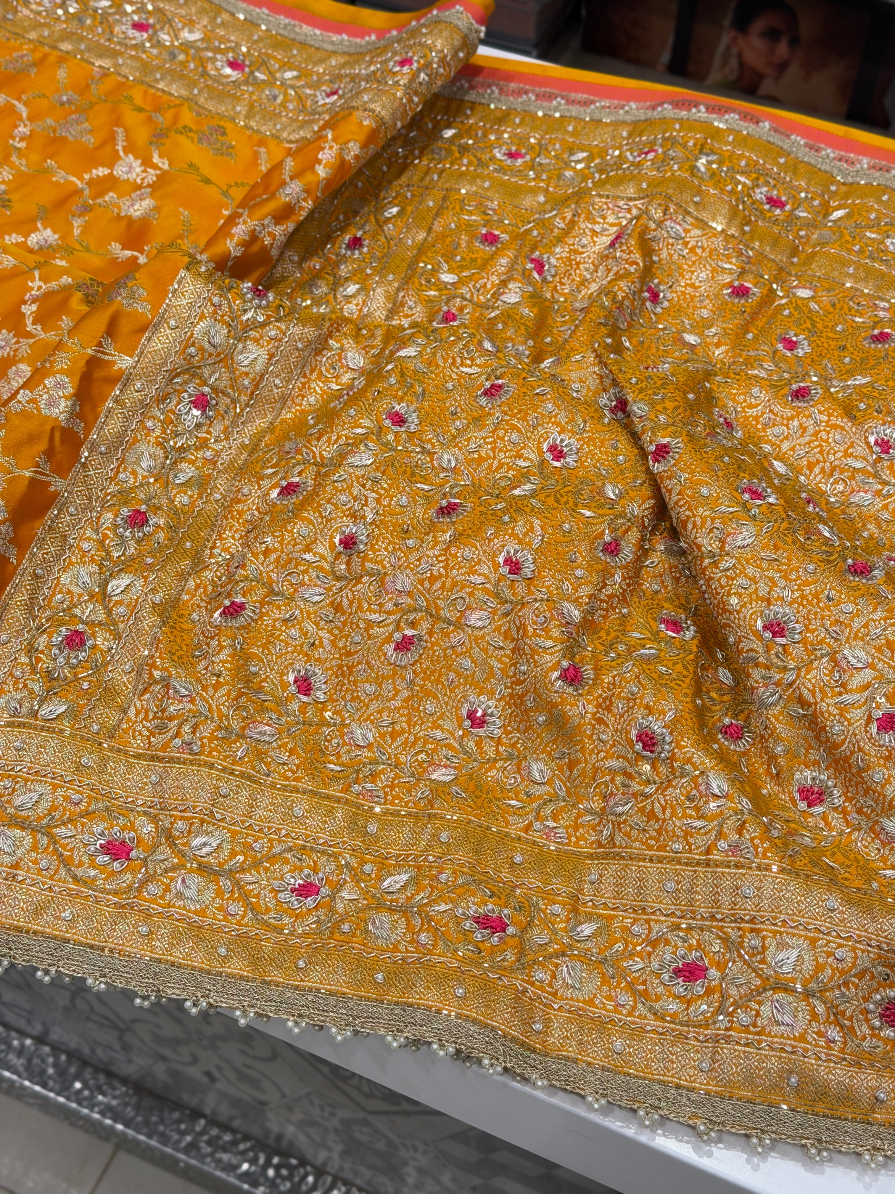 Mango Yellow Banarasi Jasmine Jaal Contrast Resham Embroidery Saree