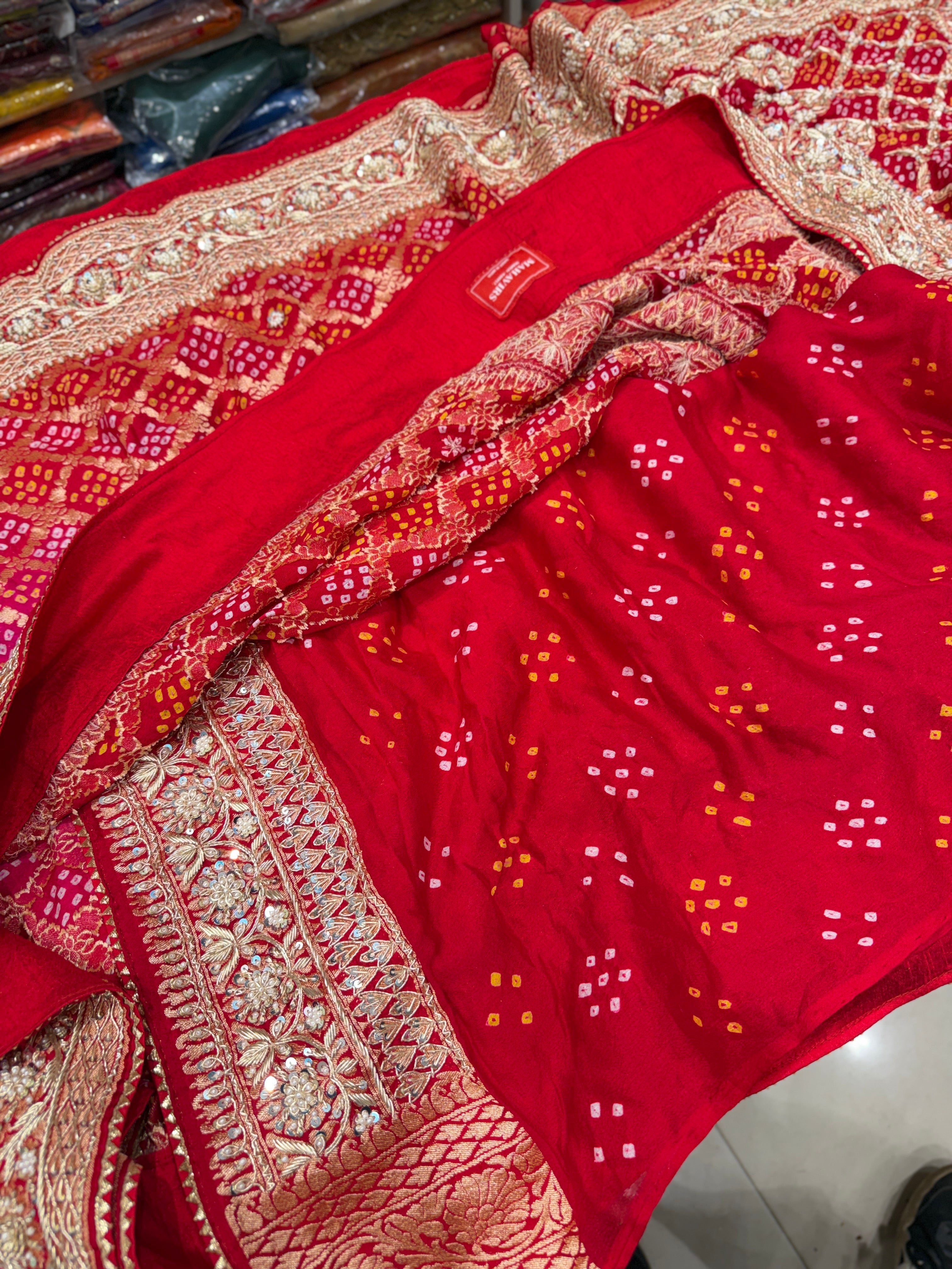 Red Rani Shaded Bandhej Zardosi Hand Embroidery Georgette Saree