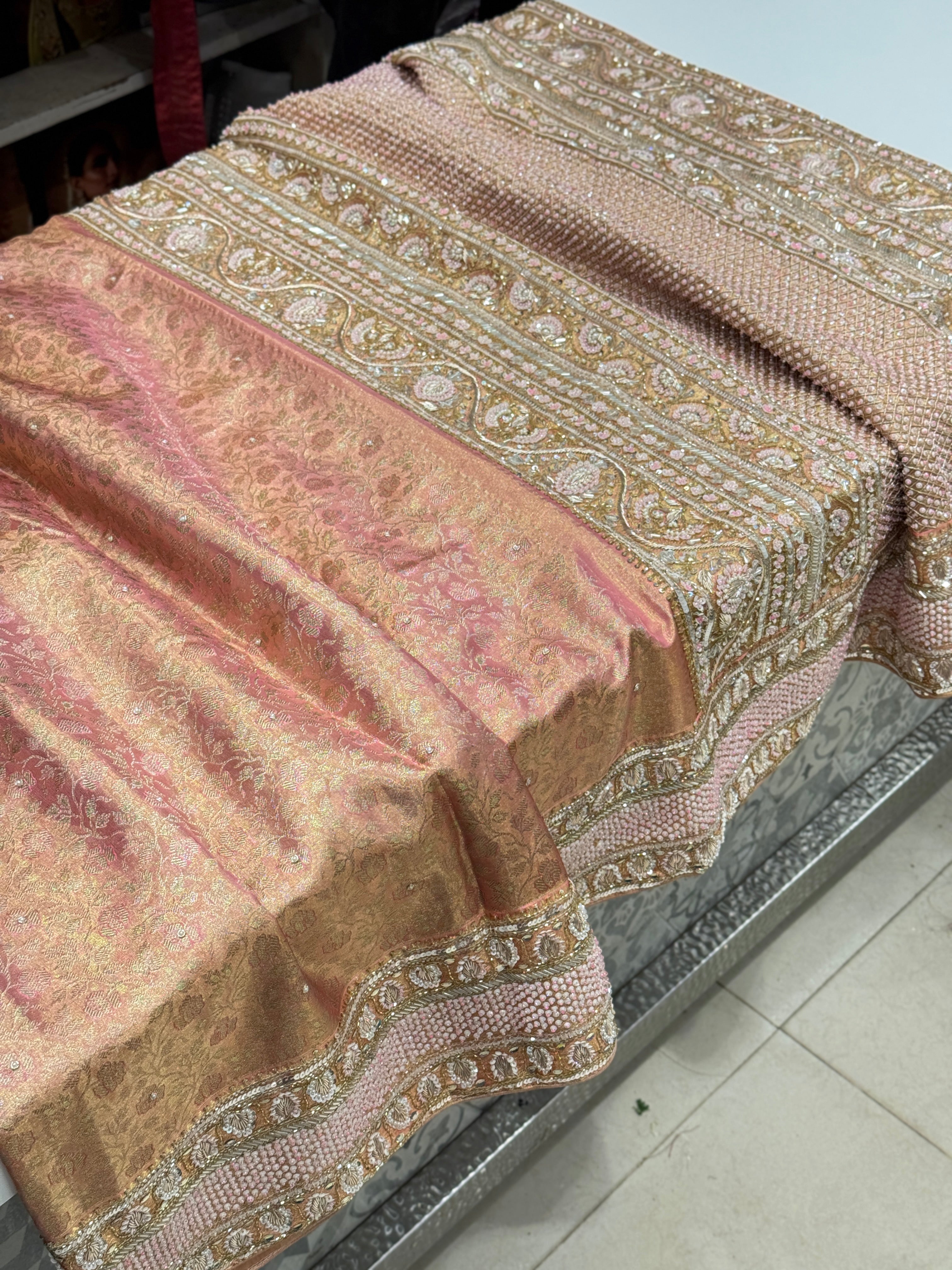 Pink Jaal Tissue Kanjivaram Hand Embroidery Saree