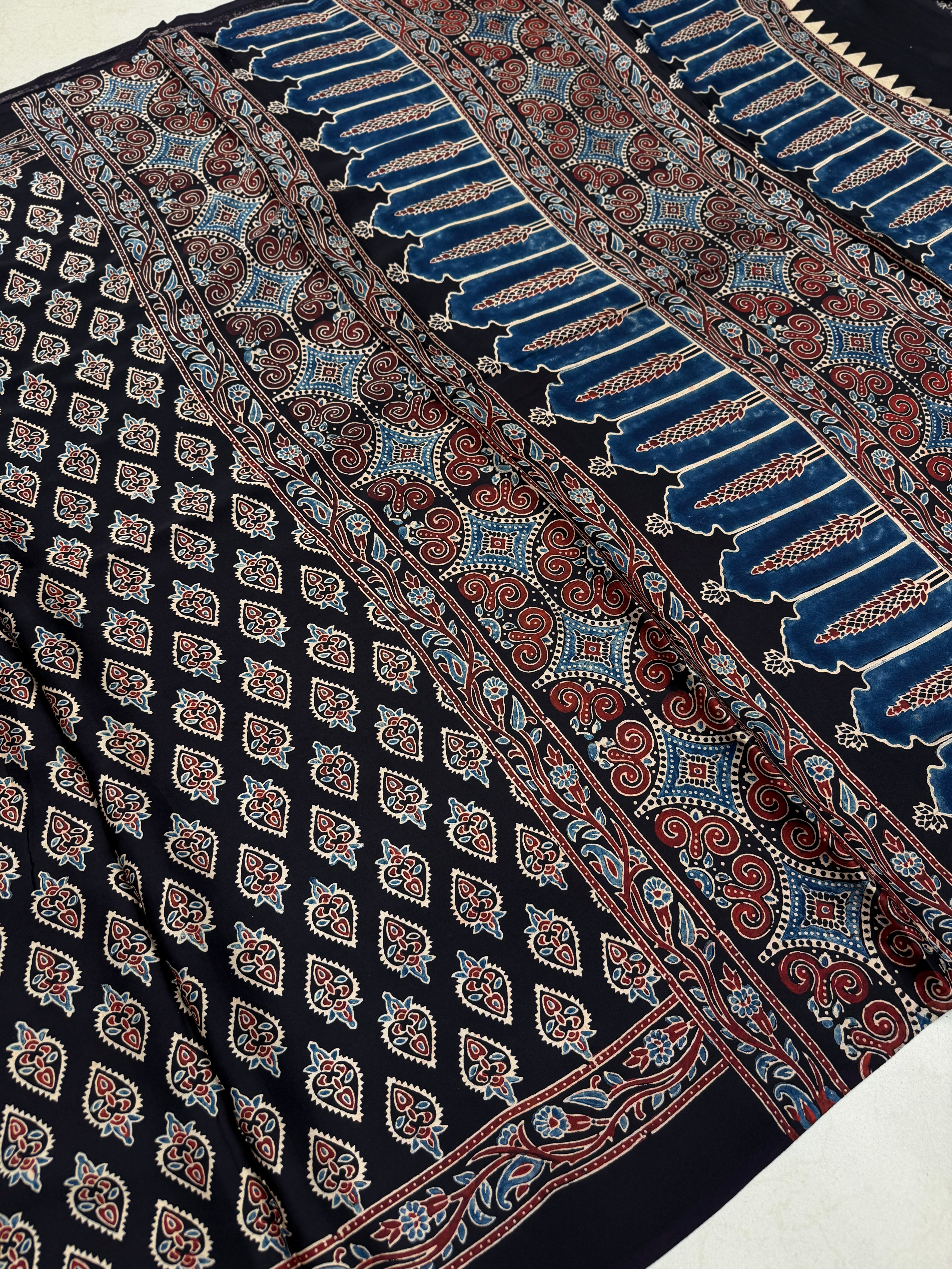 Black Keri Butta Ajrakh Block Print Hand Pure Gajji Silk Saree