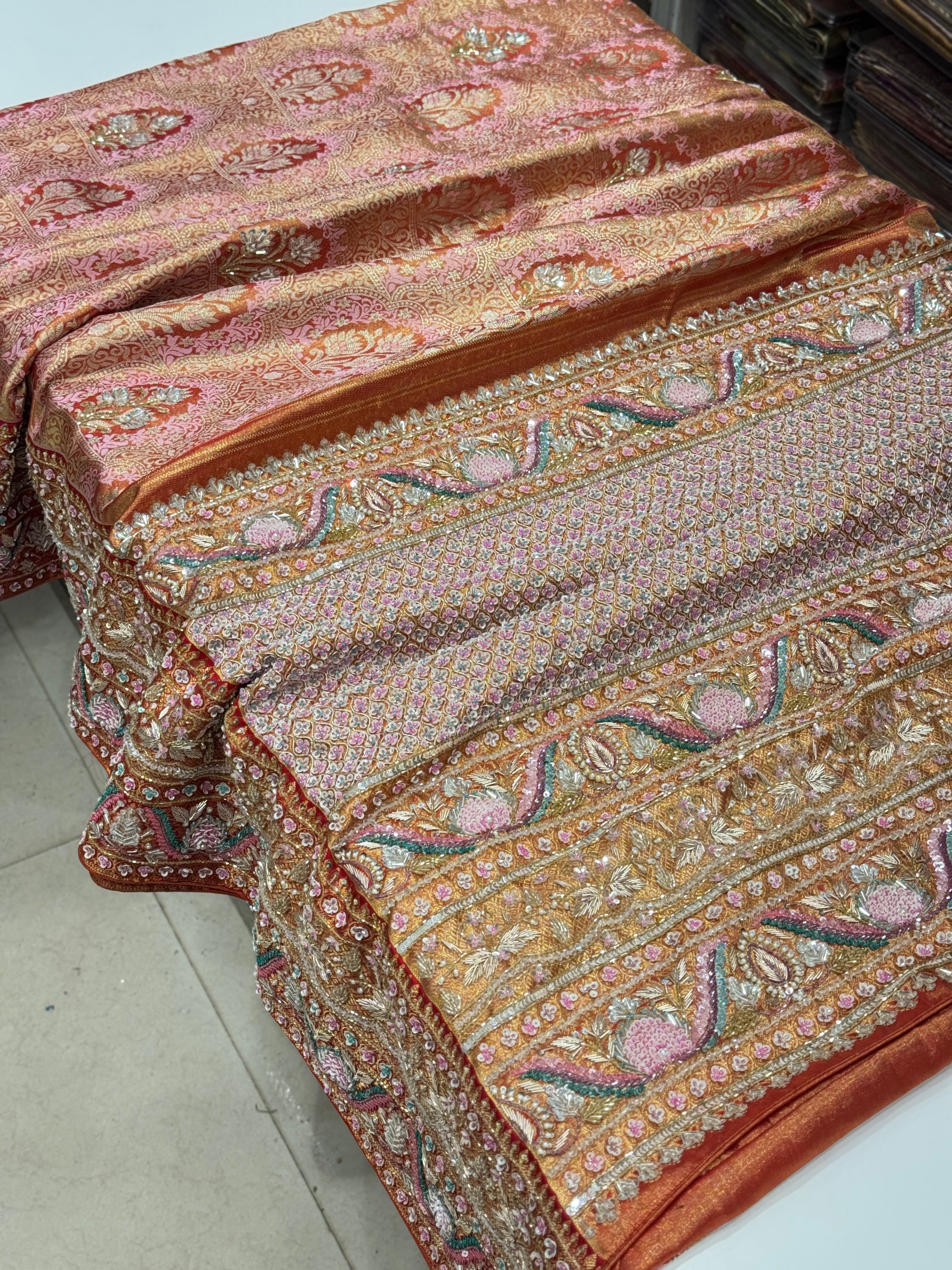 Pink Red Jaal Tissue Kanjivaram Hand Embroidery Saree