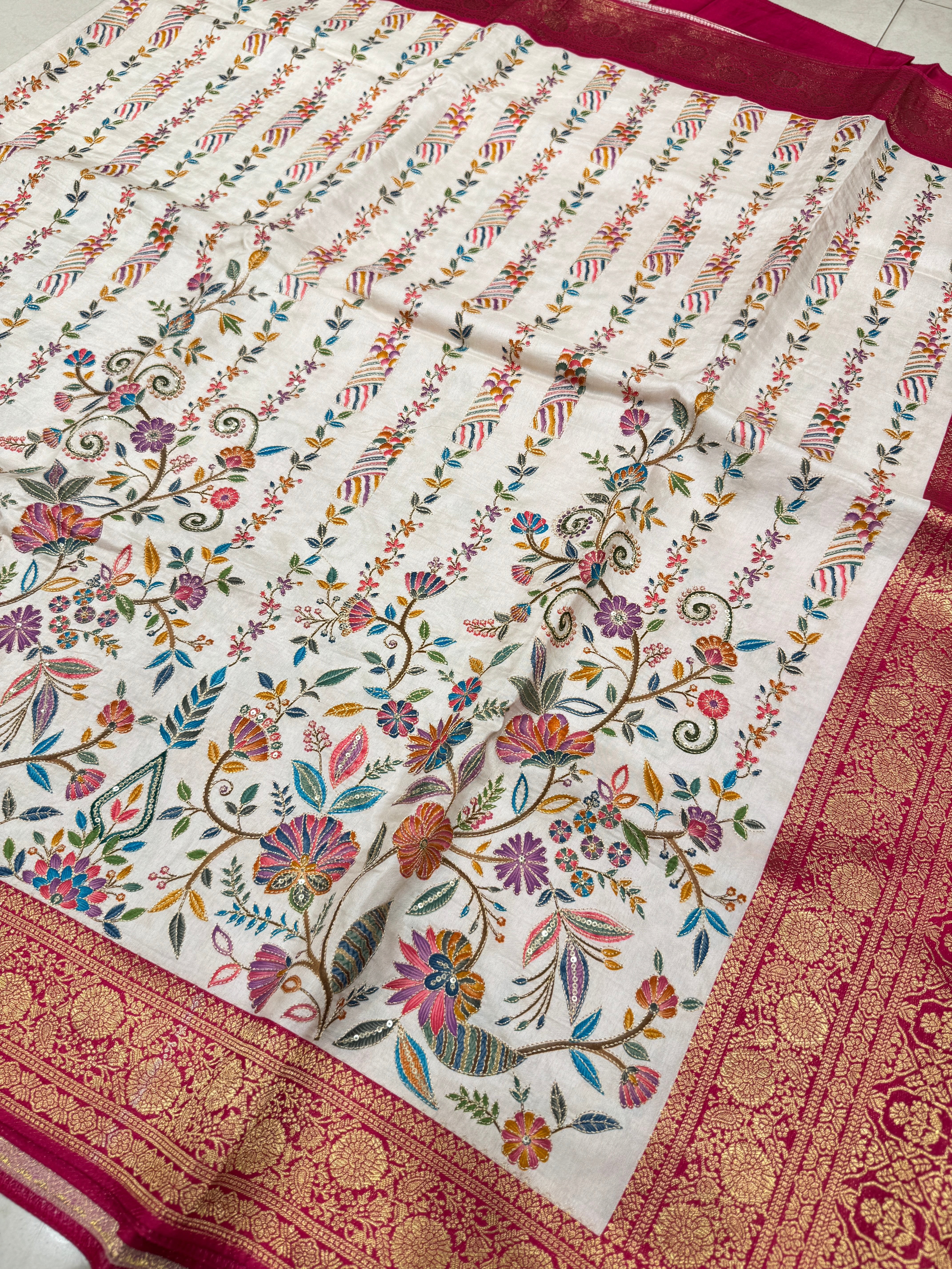 Beige Banarasi Munga With Pita Embroidery