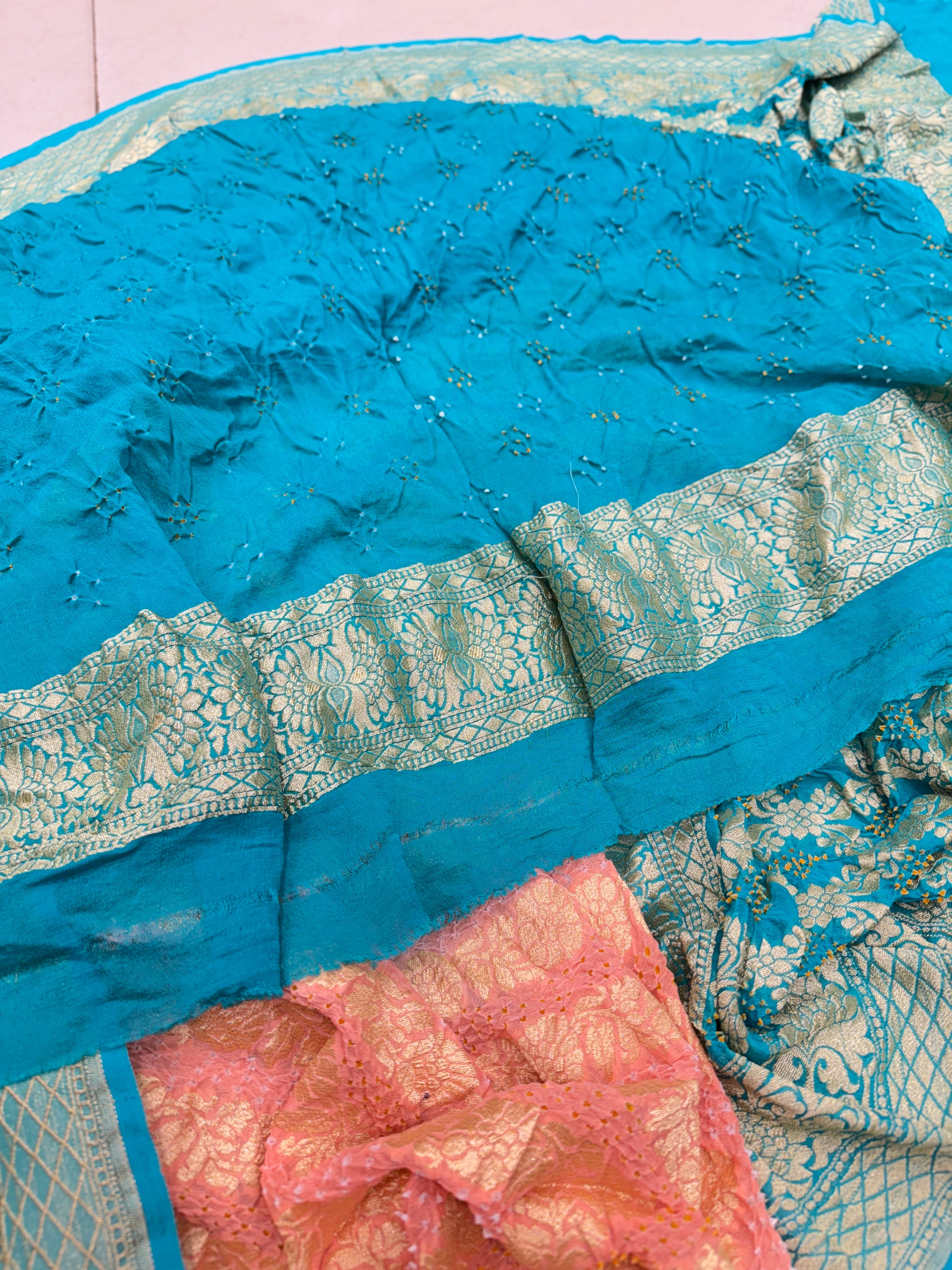 Peach Rama Shaded Bandhej Bandhini Saree