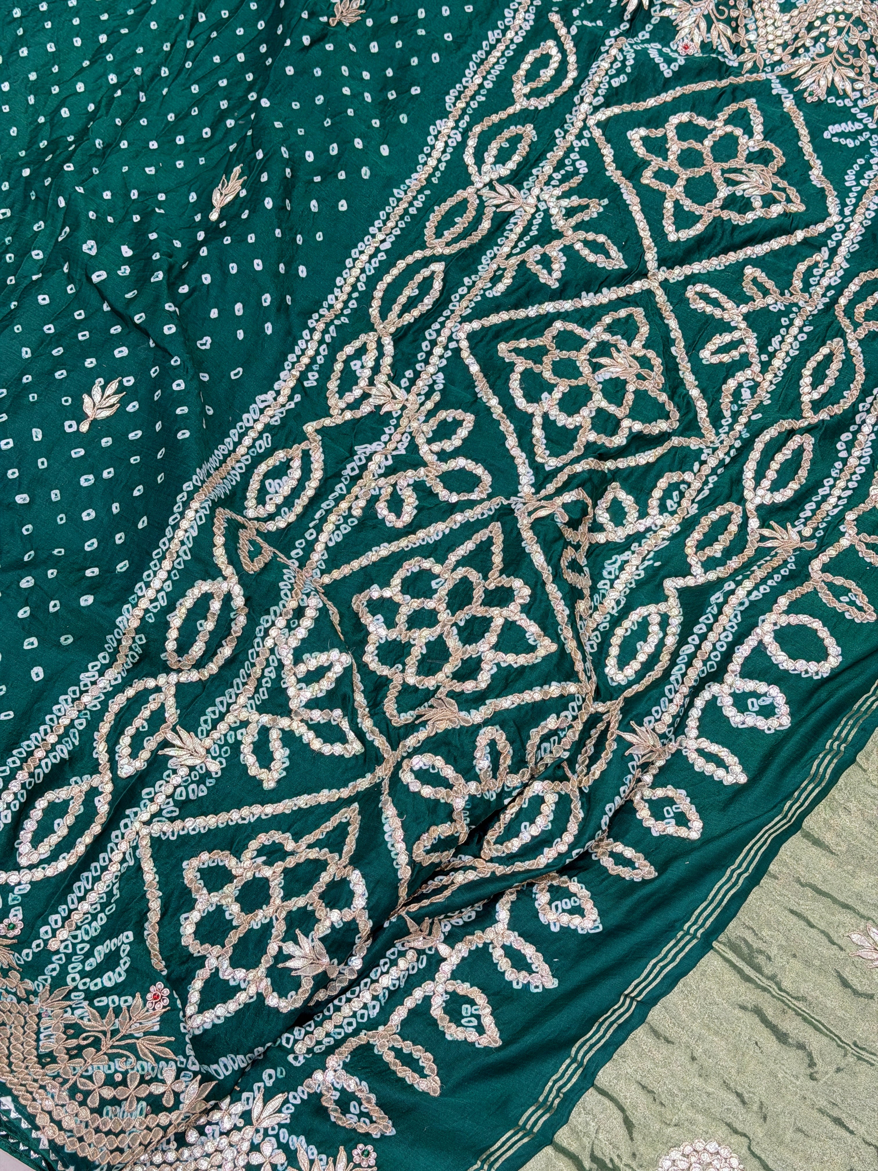 Bottle Green Gajji Silk Bandhej Gotapatti Hand Embroidery Saree