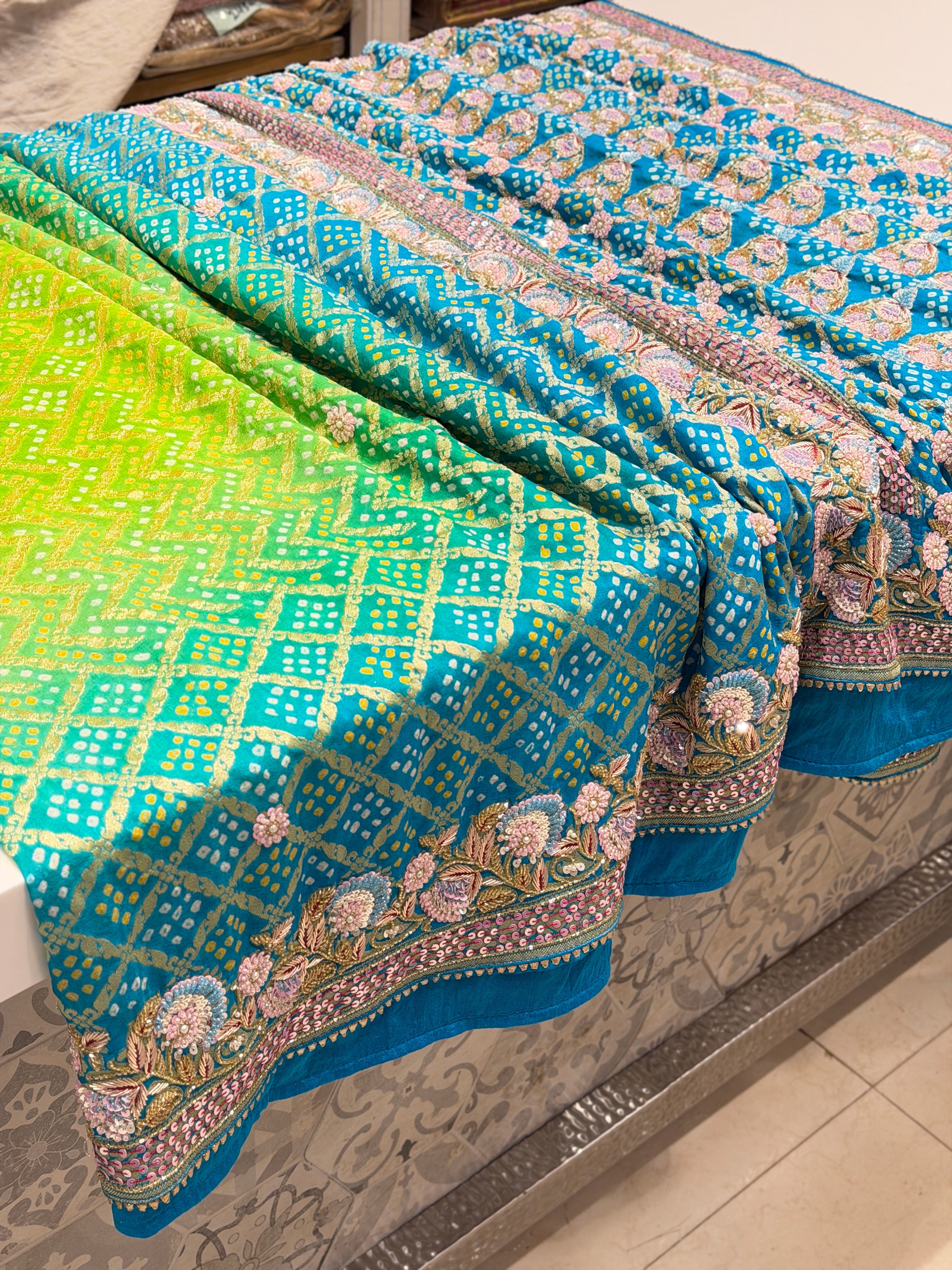 Jhanvi Kapoor Inspired Shaded Green Hand Embroidery Bandhej Saree