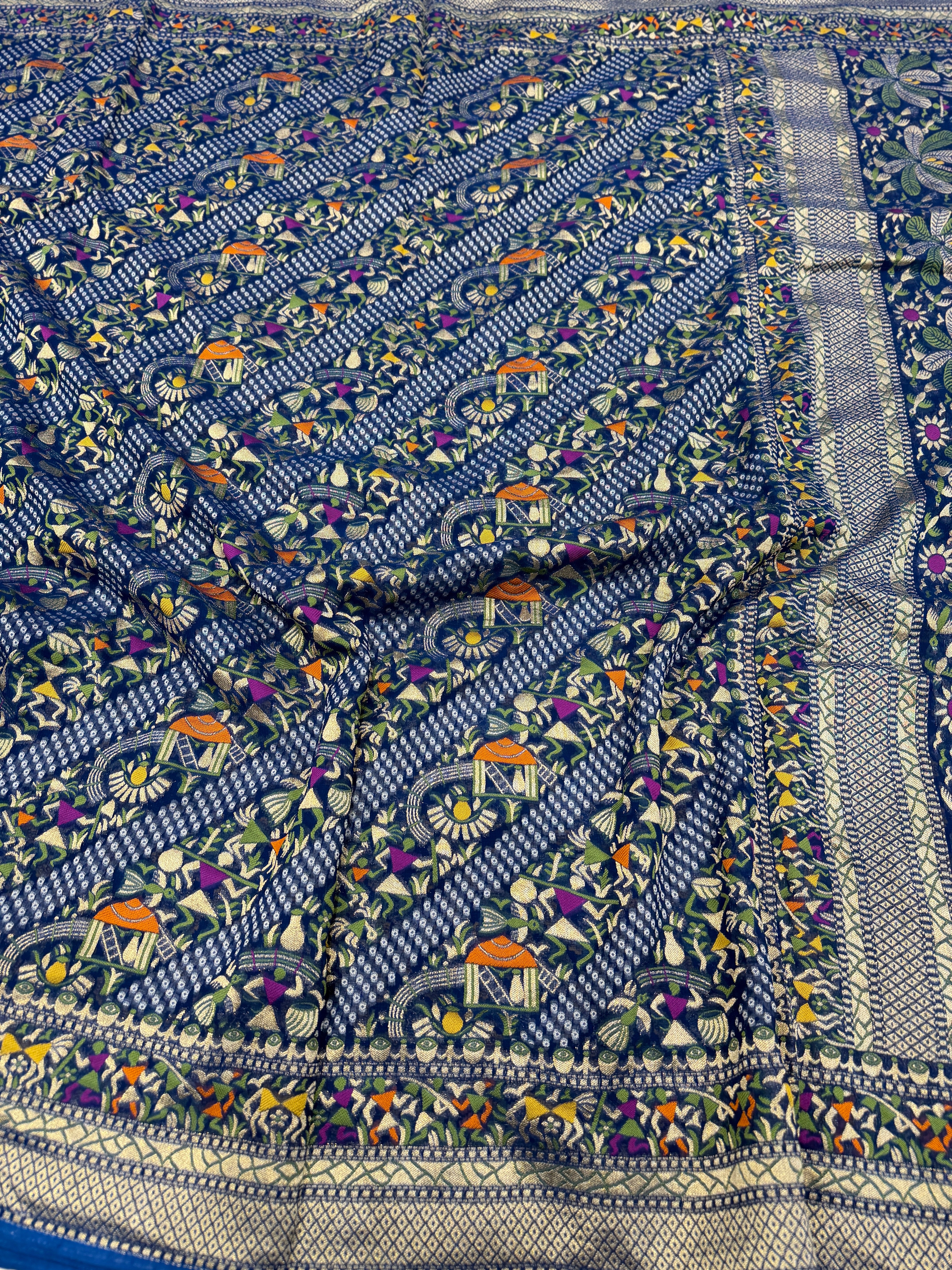 Navy Blue Warli Style Woven Bandhej Georgette Saree