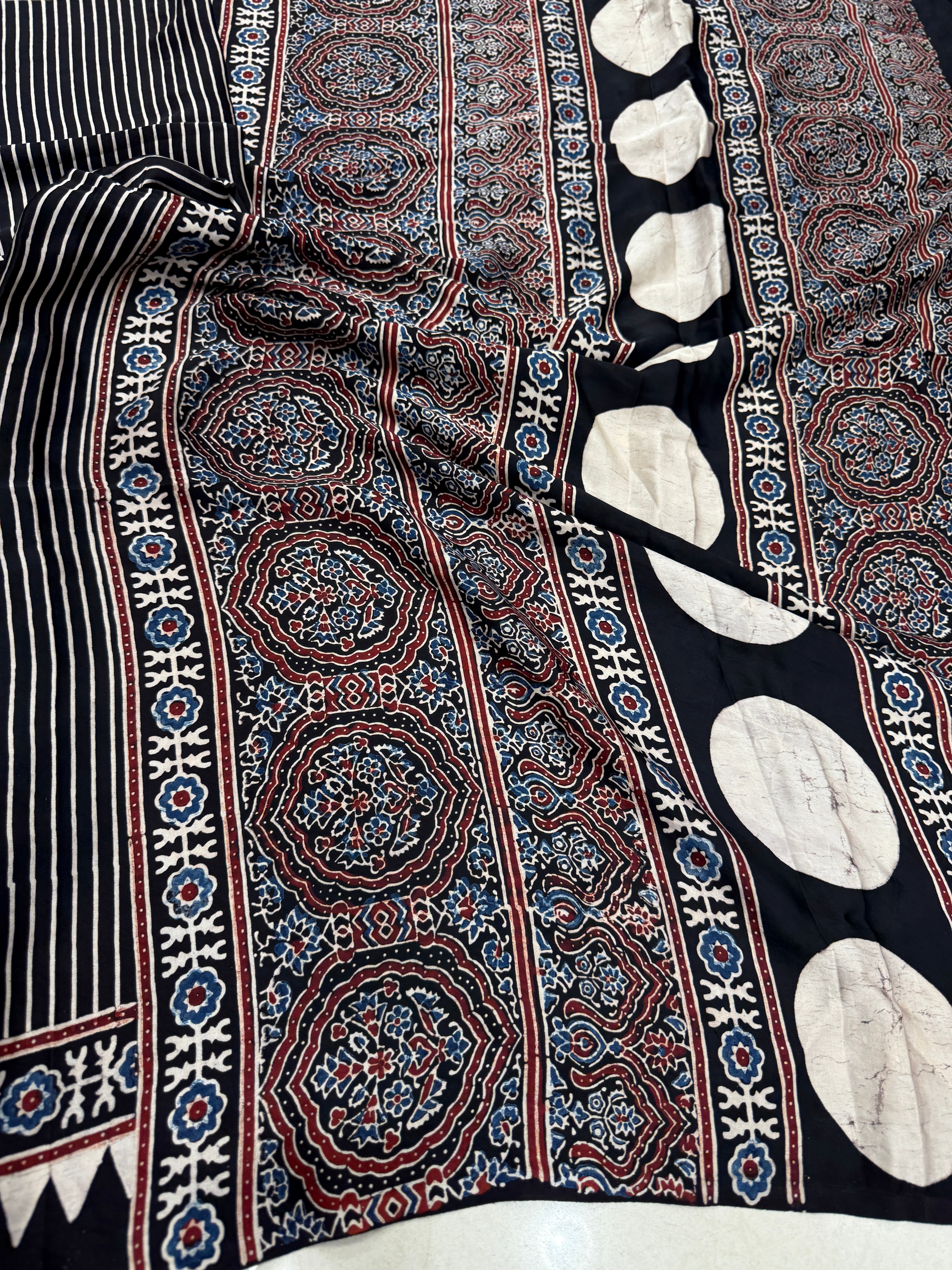 Black Contemporary Box Pallu Ajrakh Block Print Hand Pure Gajji Silk Saree
