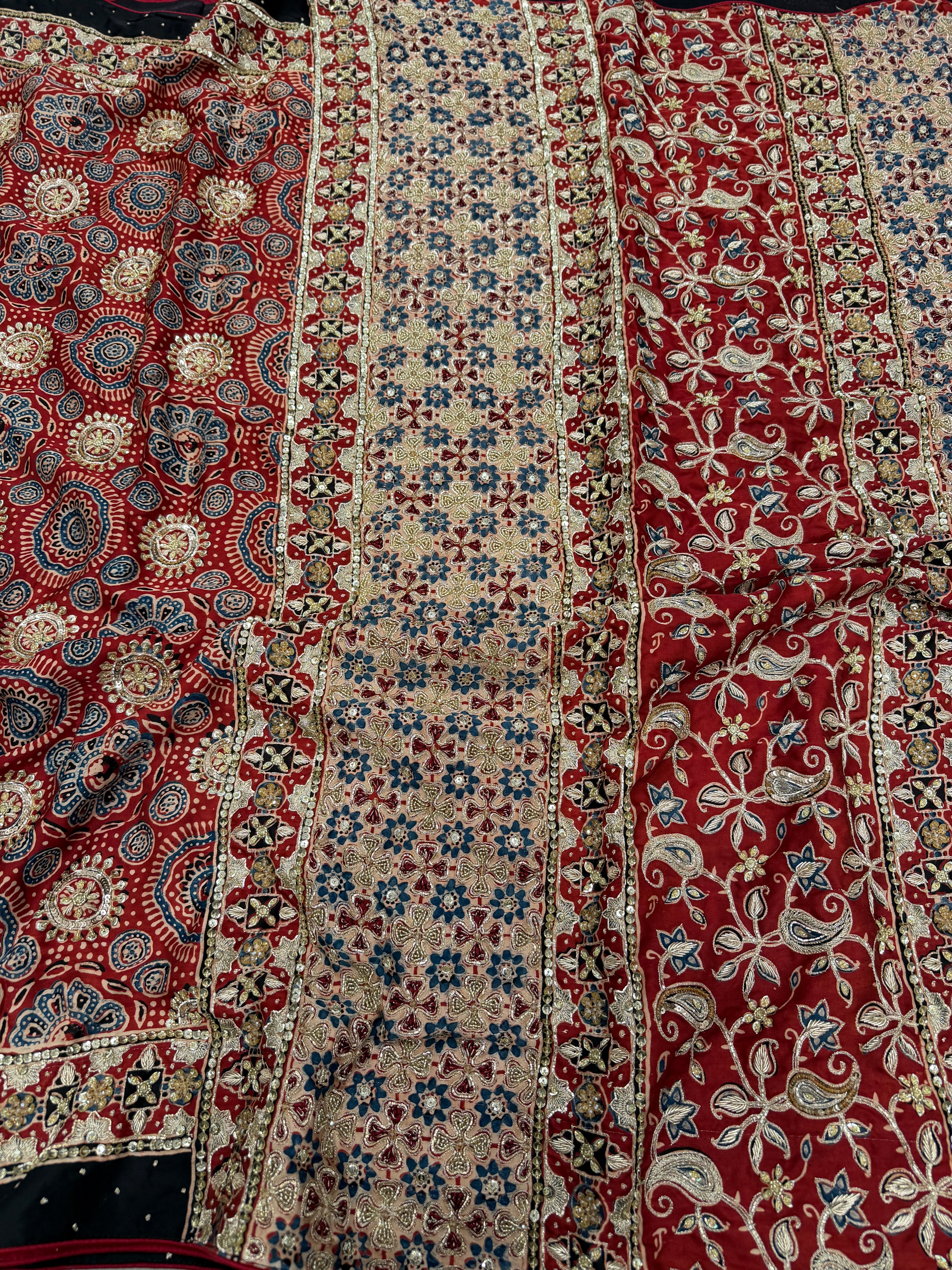 Red Ajrakh Pita Zardosi Ajrakh Hand Embroidery Saree