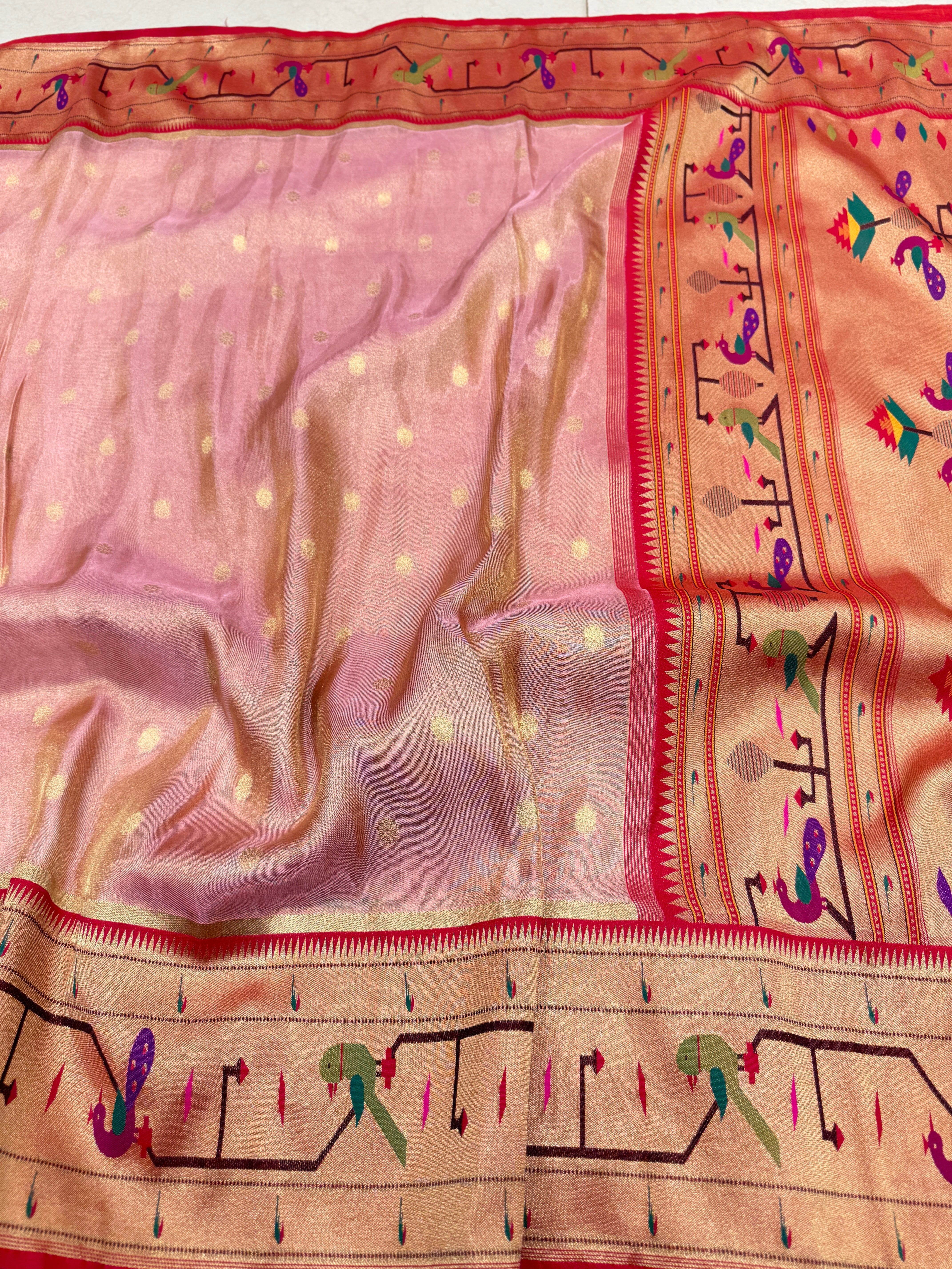 Pink Tissue Paithani Peacock Parrot Border Saree