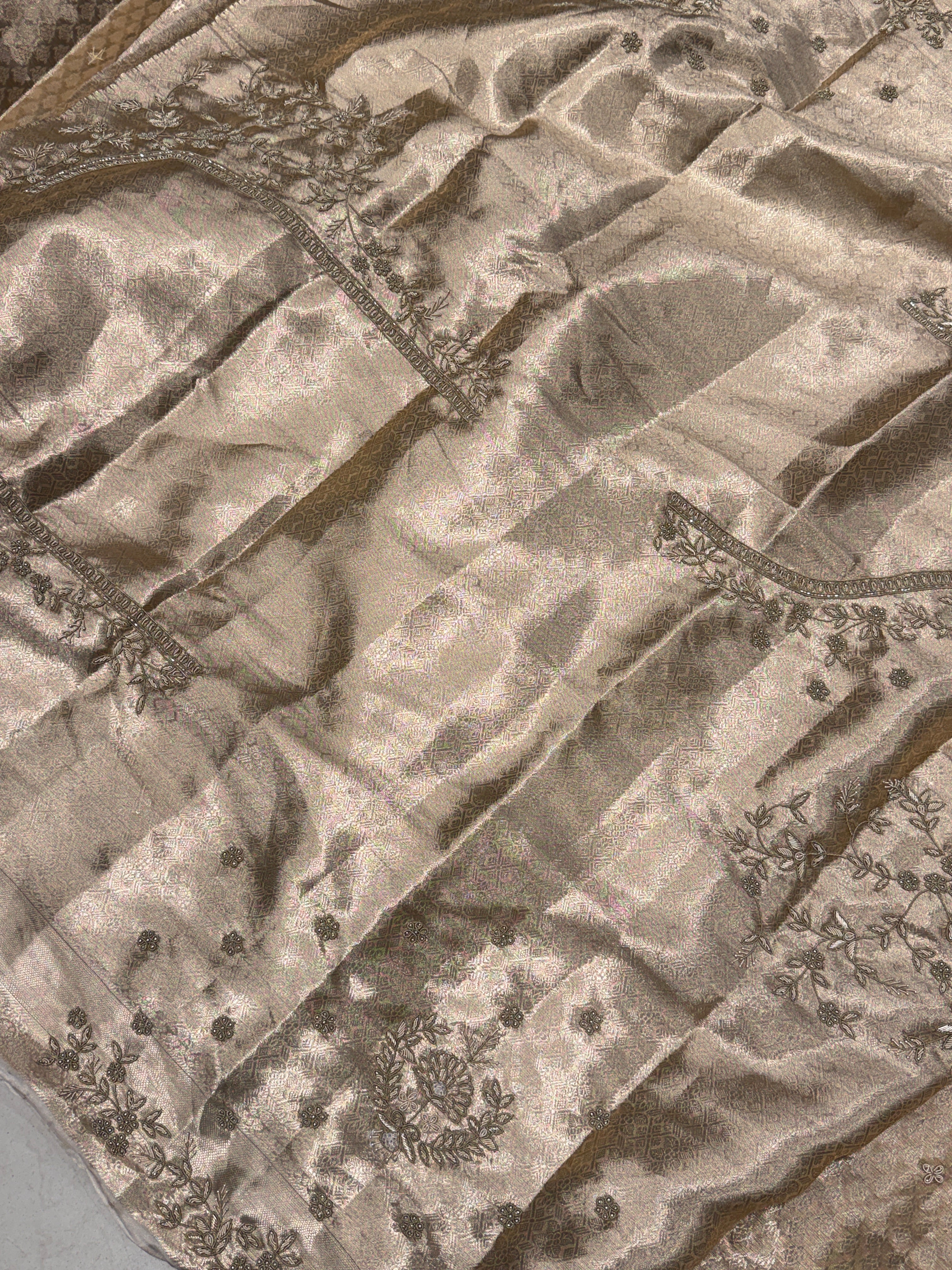 Golden Tissue Kanjivaram Zardosi Patch Work Hand Embroidery Saree