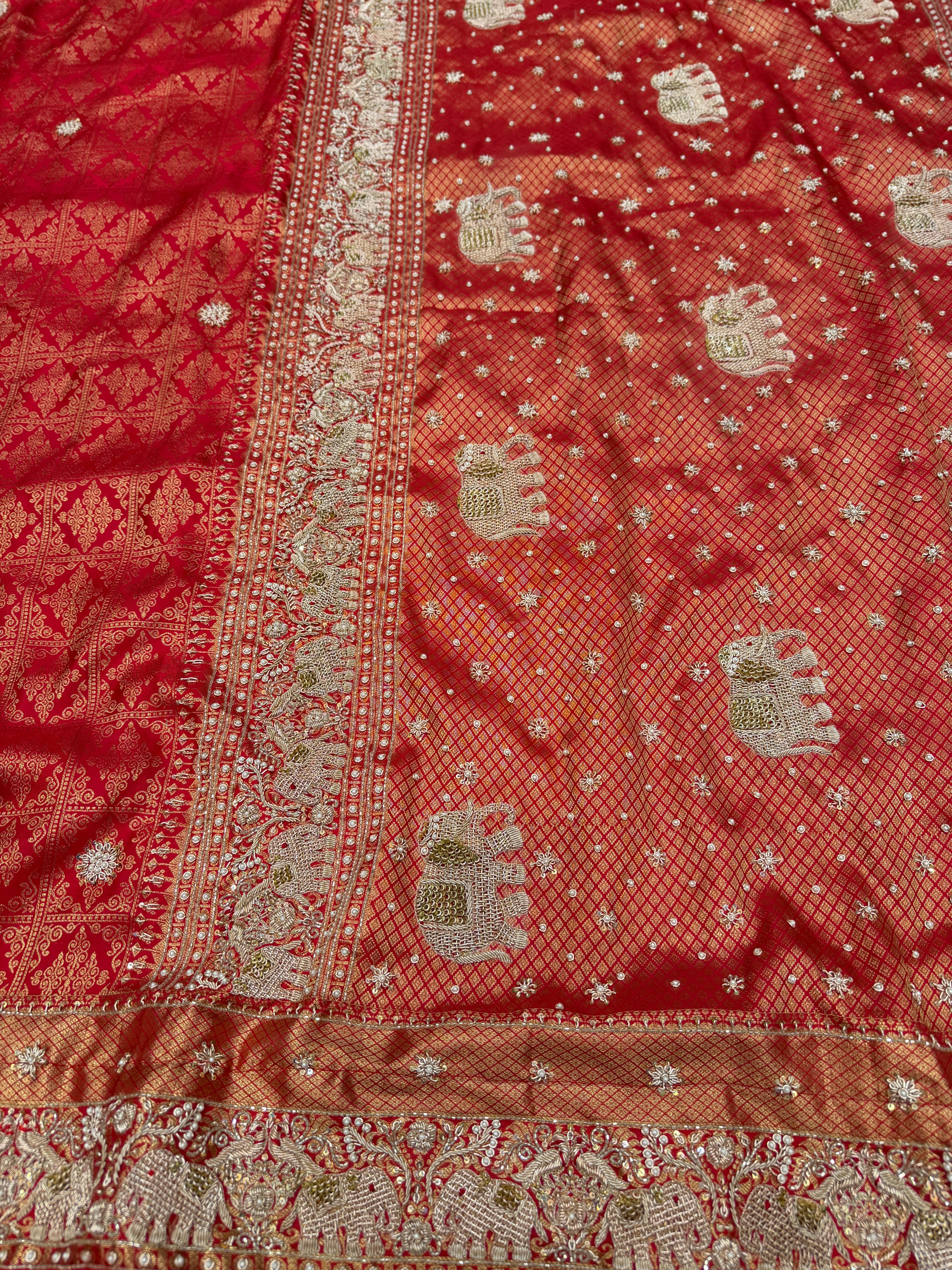 Red Pure Silk Kanjivaram Elephant Motif Hand Embroidery Saree