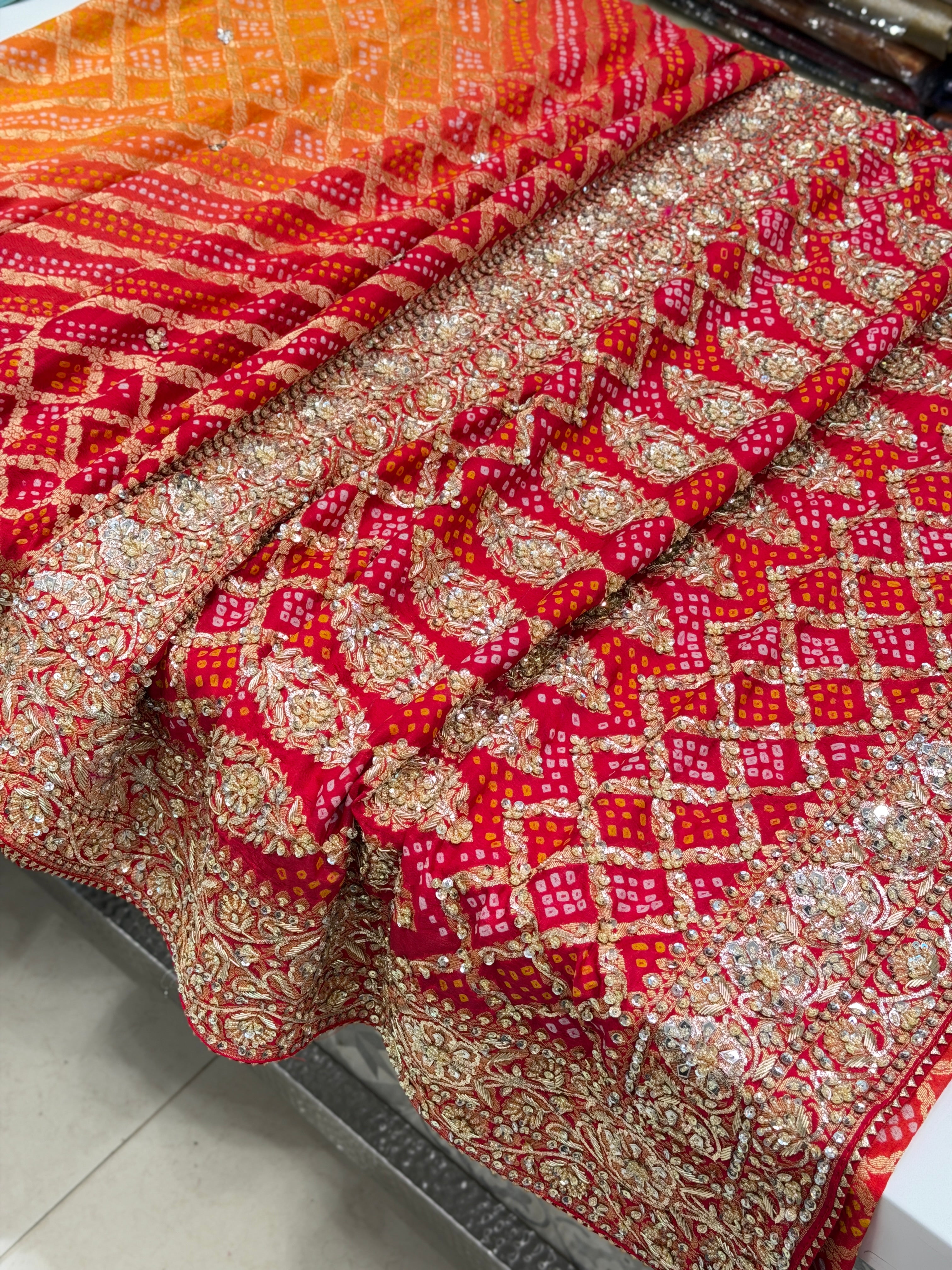 Orange Red Rai Bandhej Zardosi Pita Hand Embroidery Saree