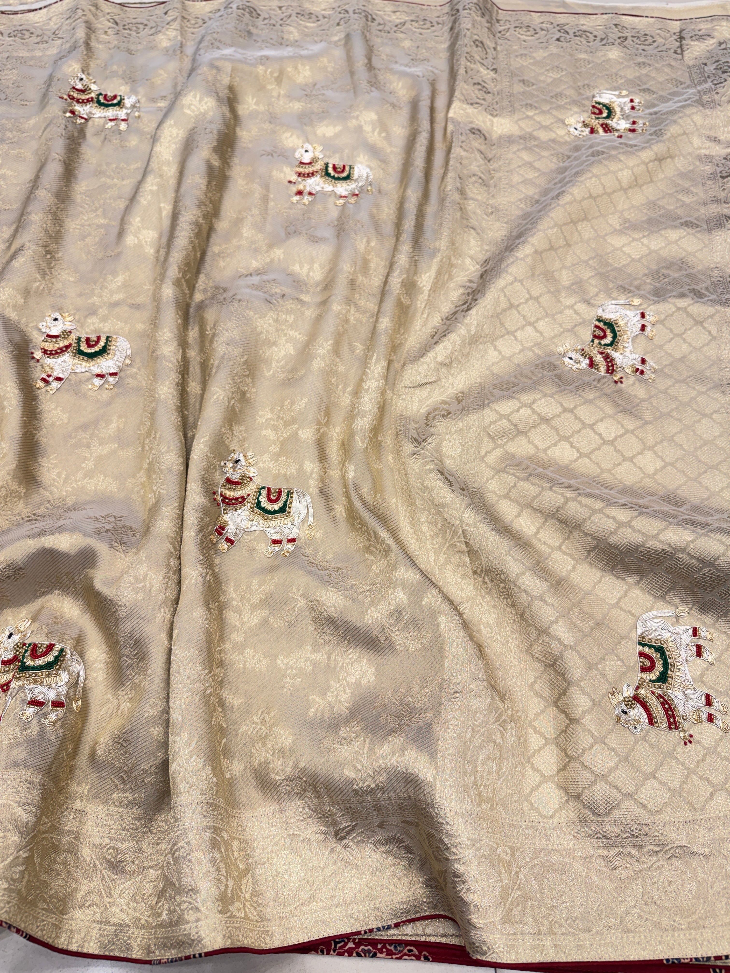 Golden Soft Tissue Zardosi Moti Hand Embroidery Nandi Motif Saree