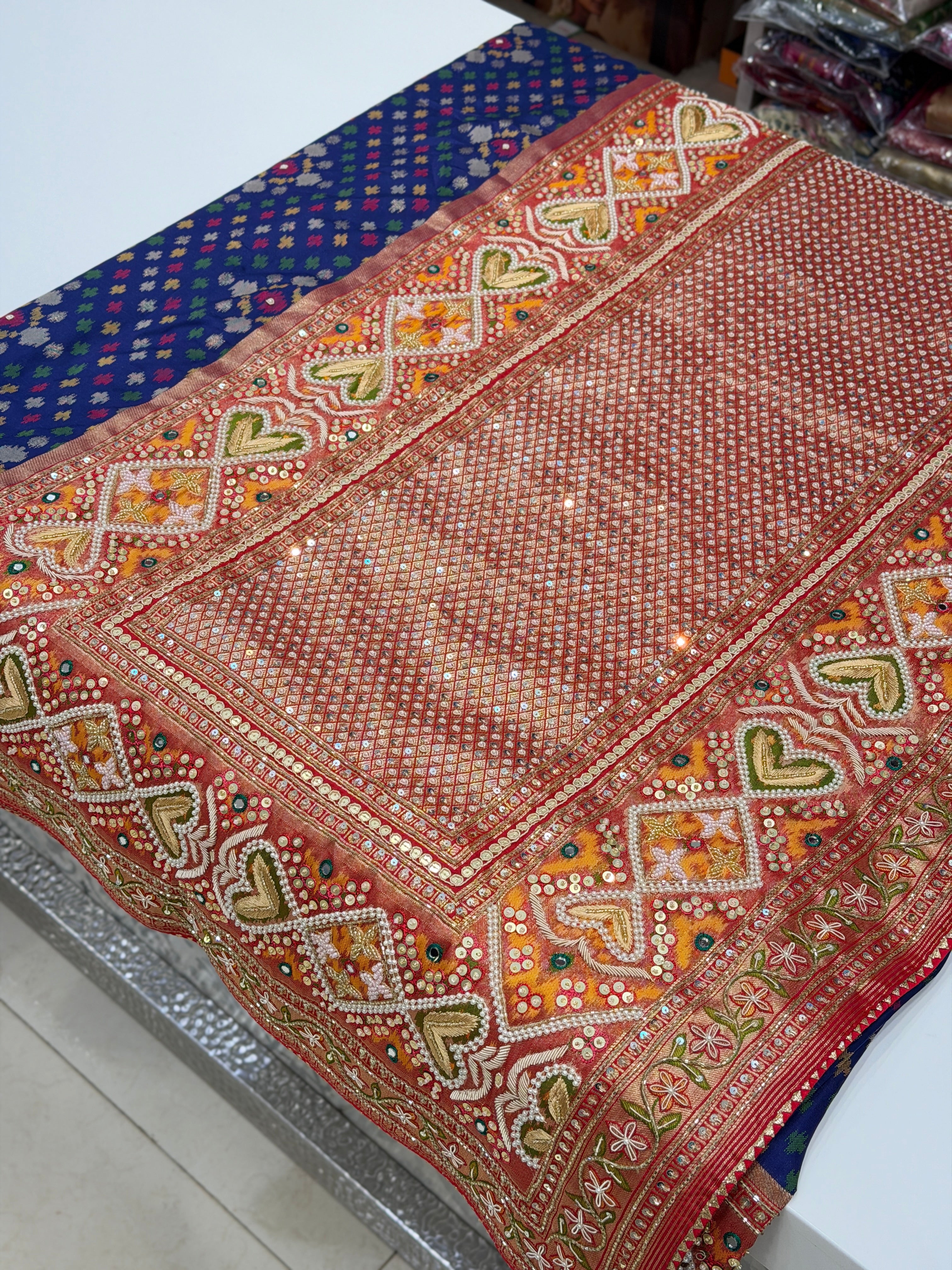 Blue Patola Ikat Weave Hand Embroidery Zardosi Kidiya Moti Hand Embroidery Saree