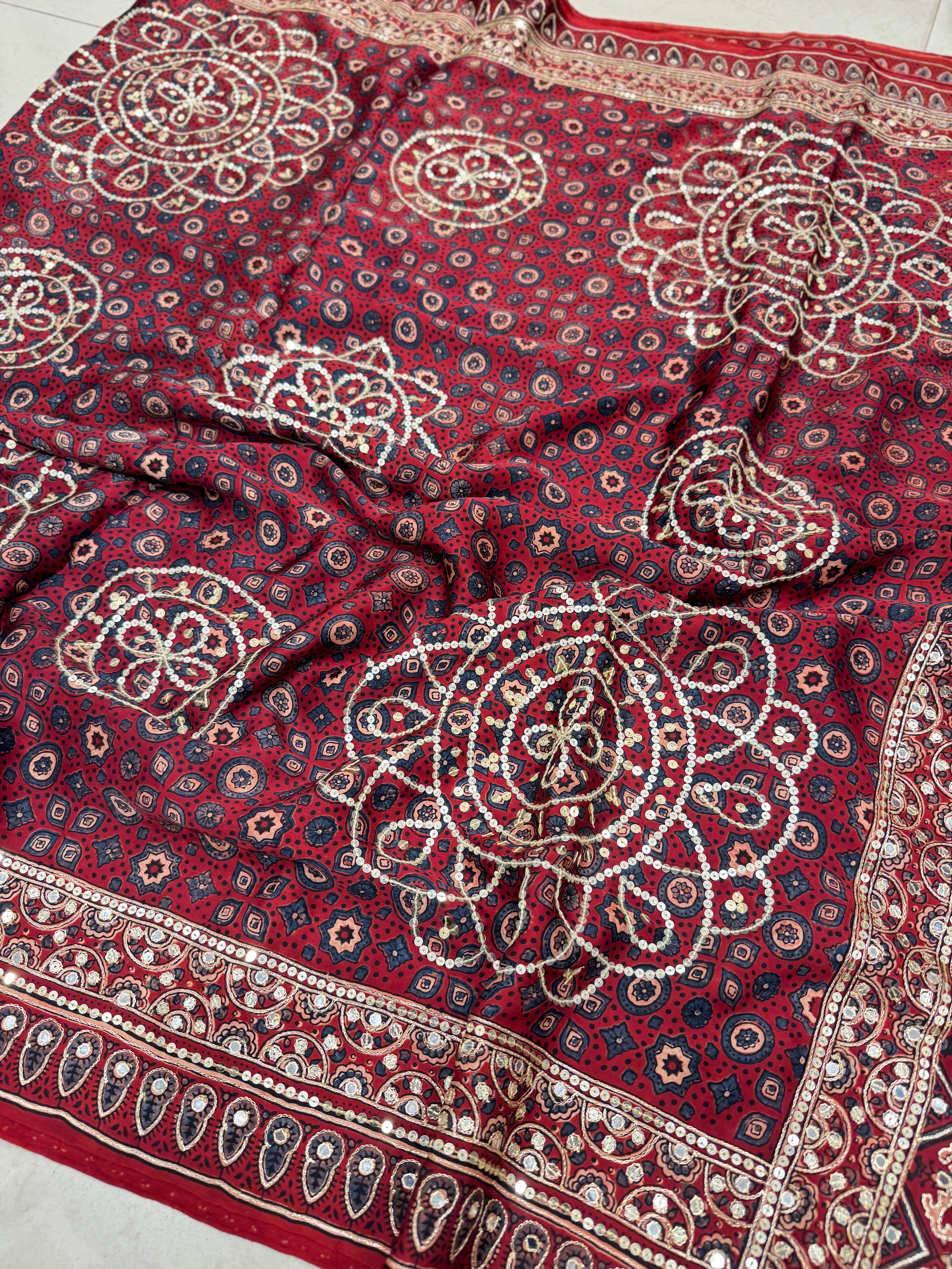 Red Alia Bhatt Inspired Hand Embroidery Ajrakh Saree