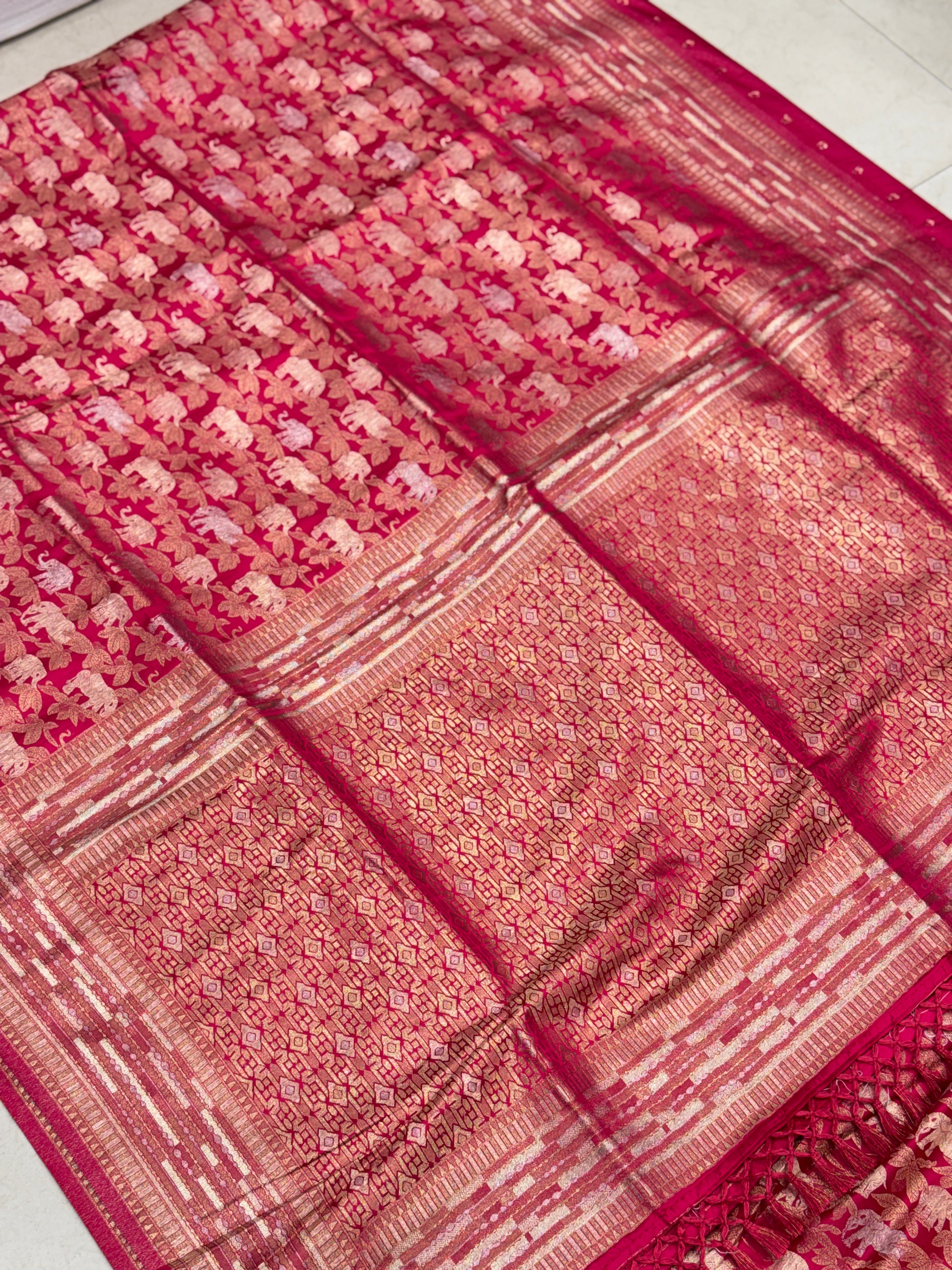 Rani Pink Banarasi Soft Silk Semi Elephant Motif Saree