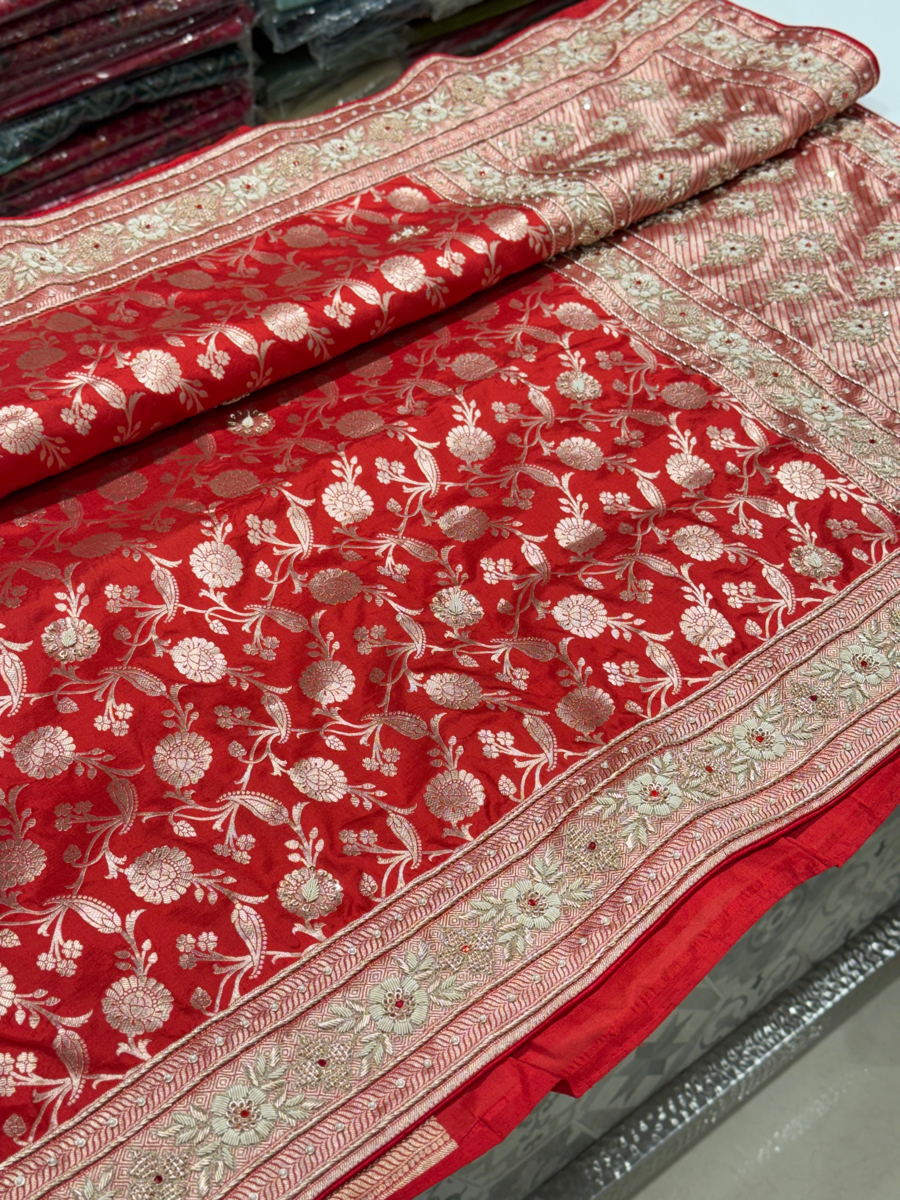 Red Jaal Handloom Banarasi Pure Katan Crystal Zardosi Embroidery Saree