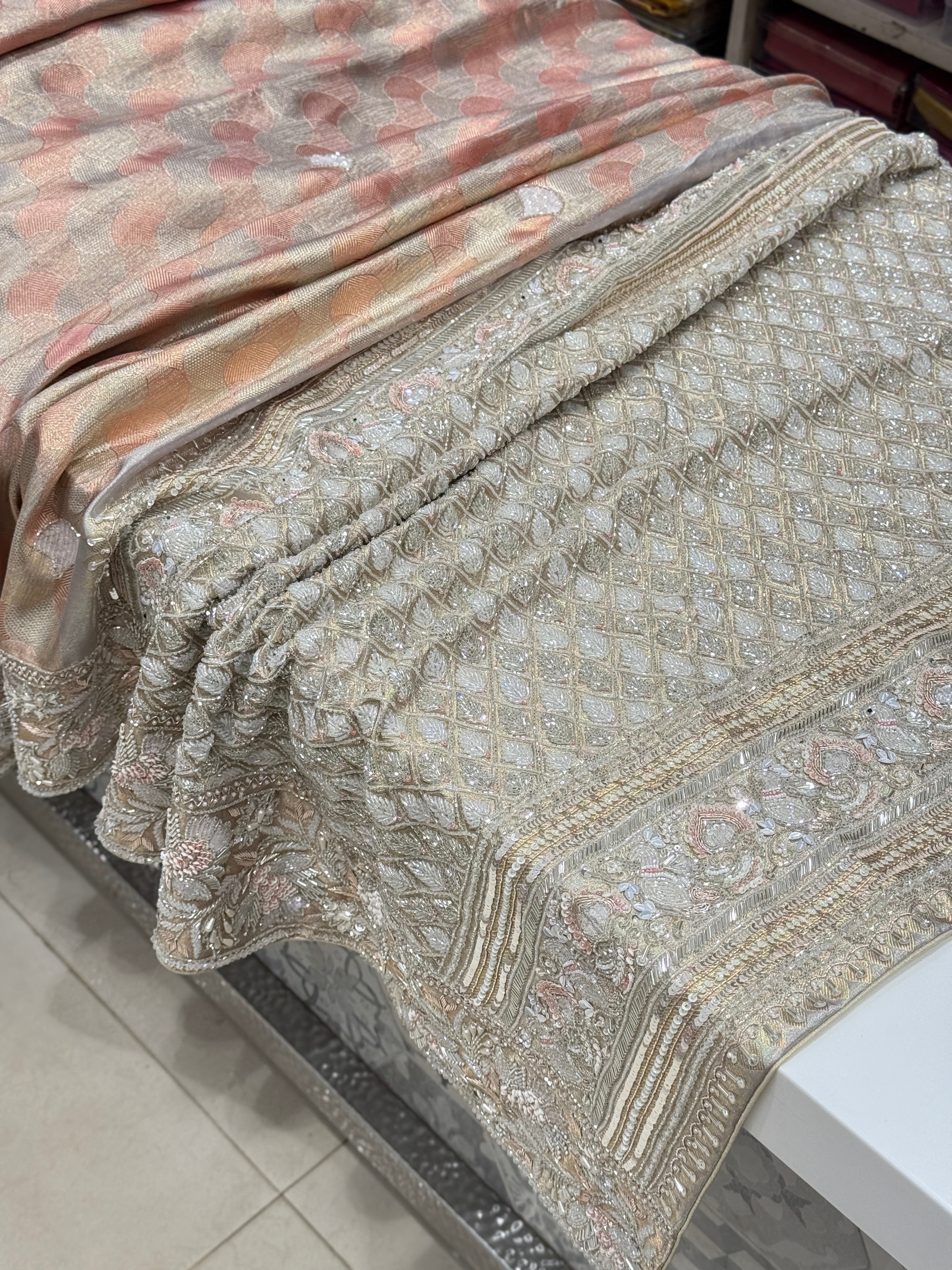Peach Silver Contemporary Kanjivaram Hand Embroidery Zardosi Saree