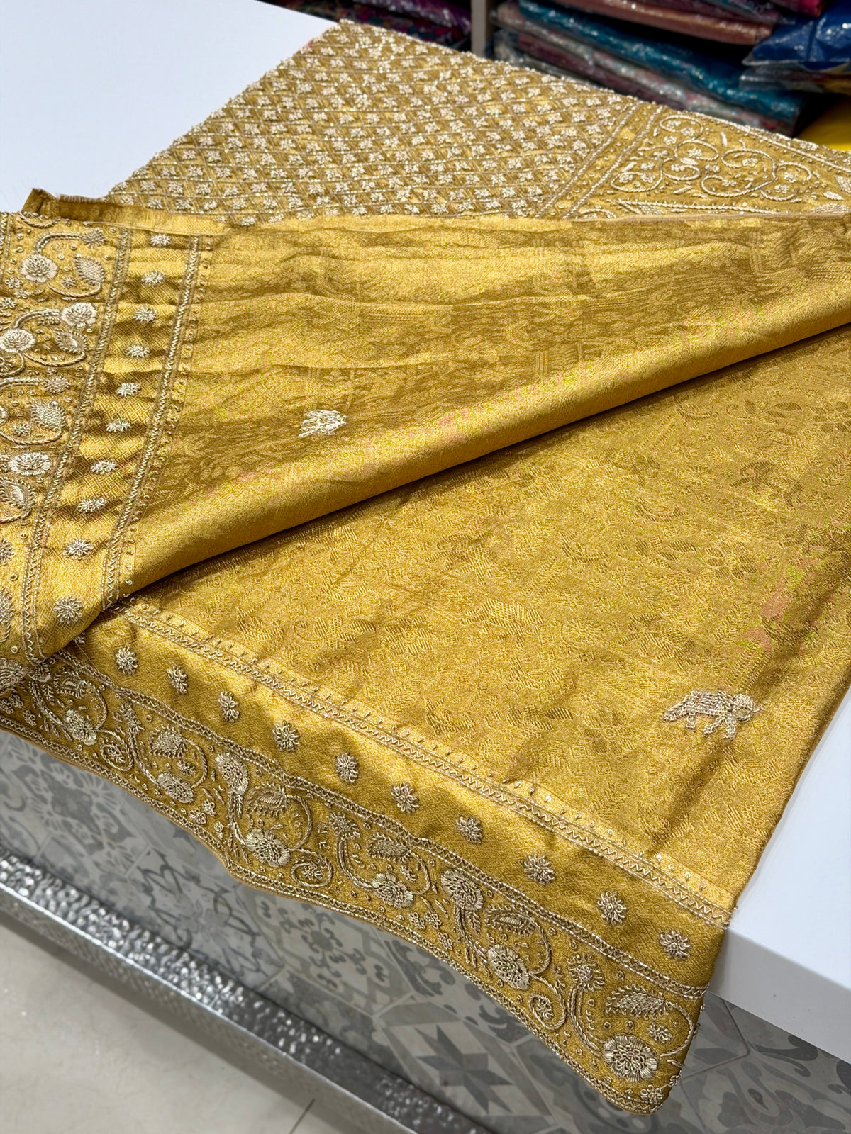 Golden Floral Kanjivaram Zardosi Hand Embroidery Saree