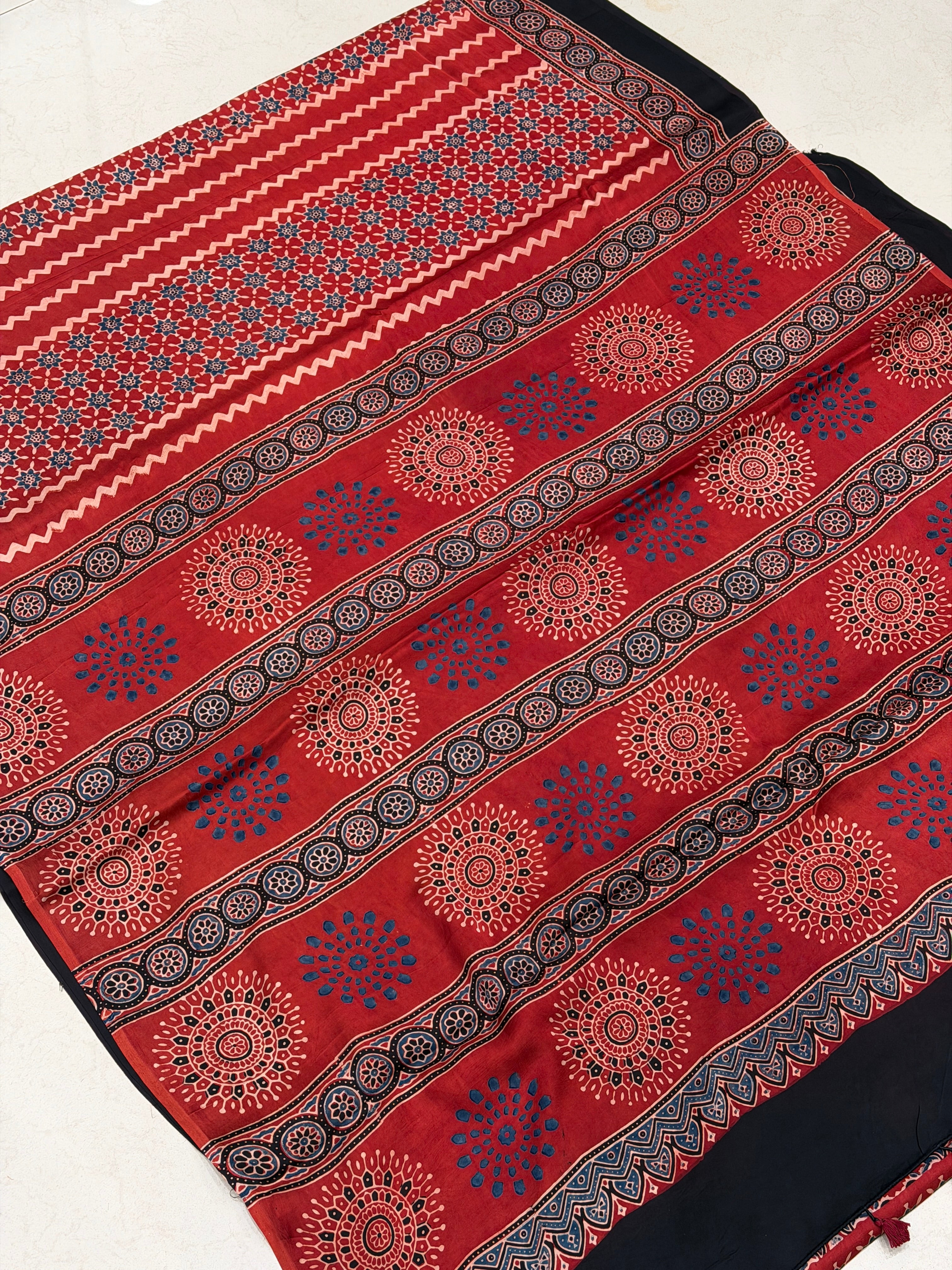 Red Modern Style Ajrakh Hand Block Print Pure Modal Silk Saree