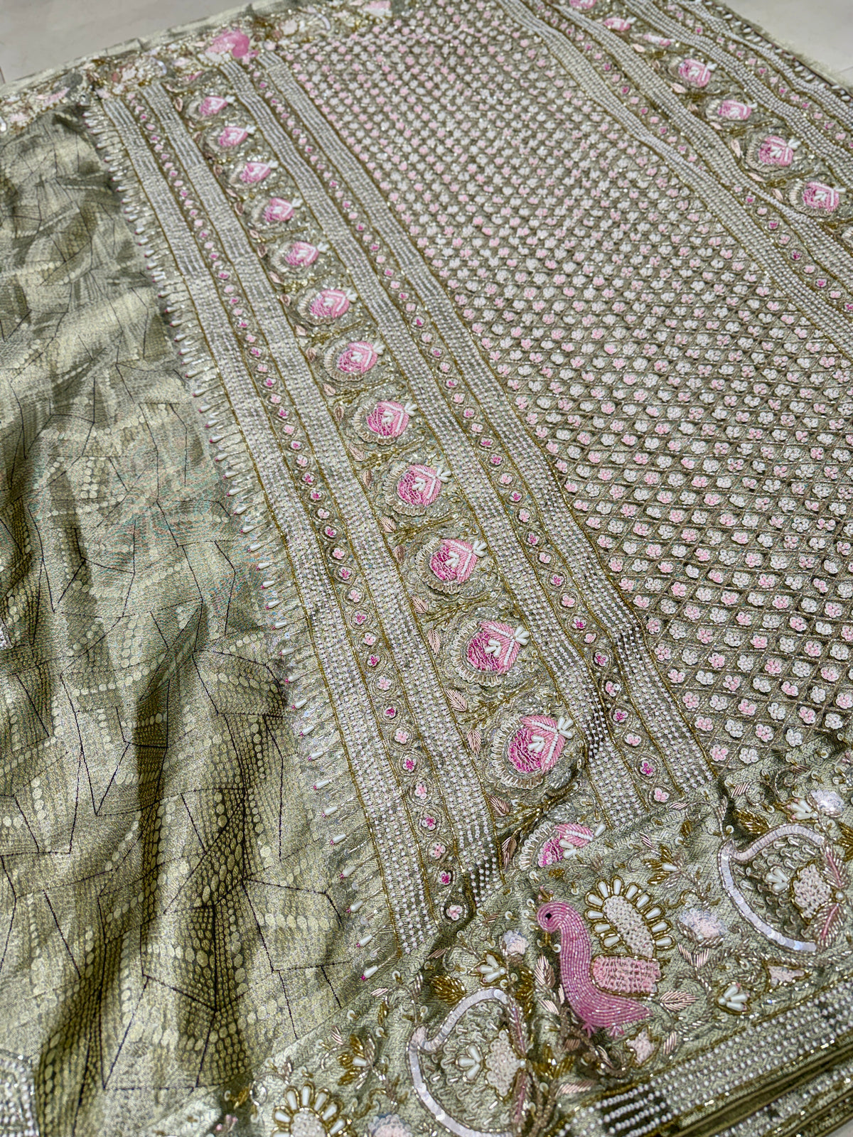 Green Silver Kanjivaram Three Zari Hand Embroidery Zardosi Moti Sequin Saree