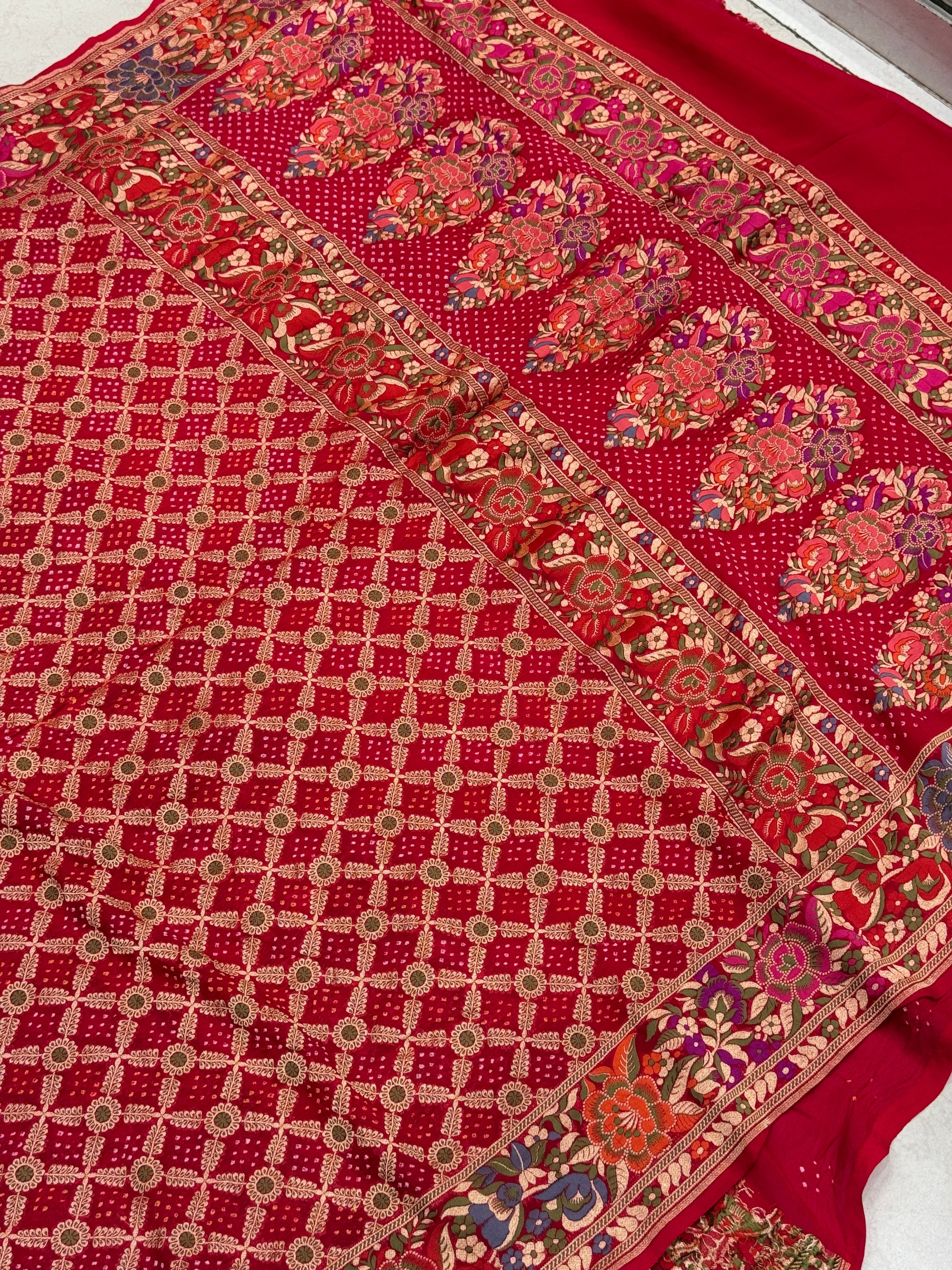 Red Meenakari Floral Rai Bandhej Georgette Bandhini Saree