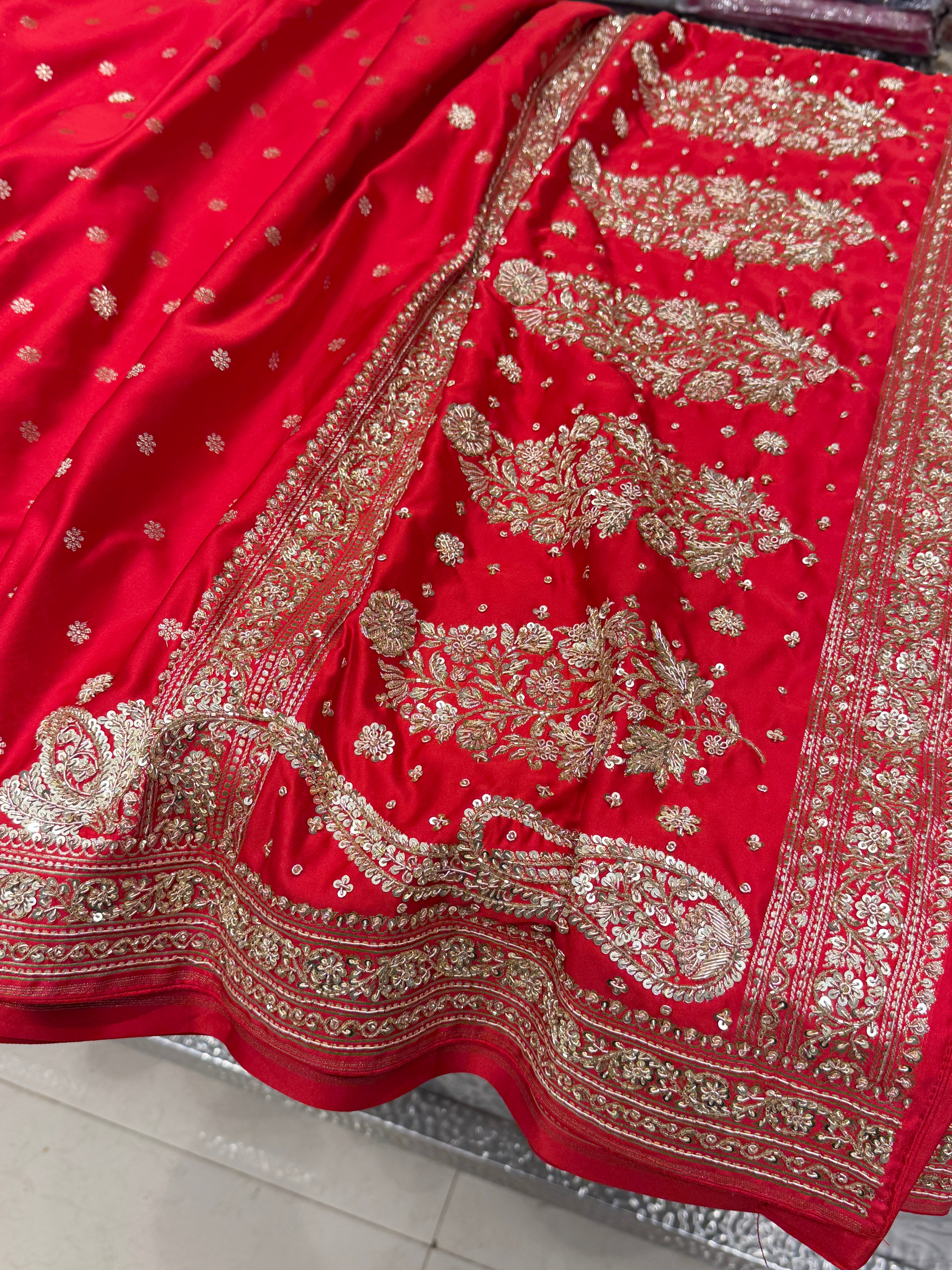 Red Banarasi Star Butti Hand Done Zardozi Saree