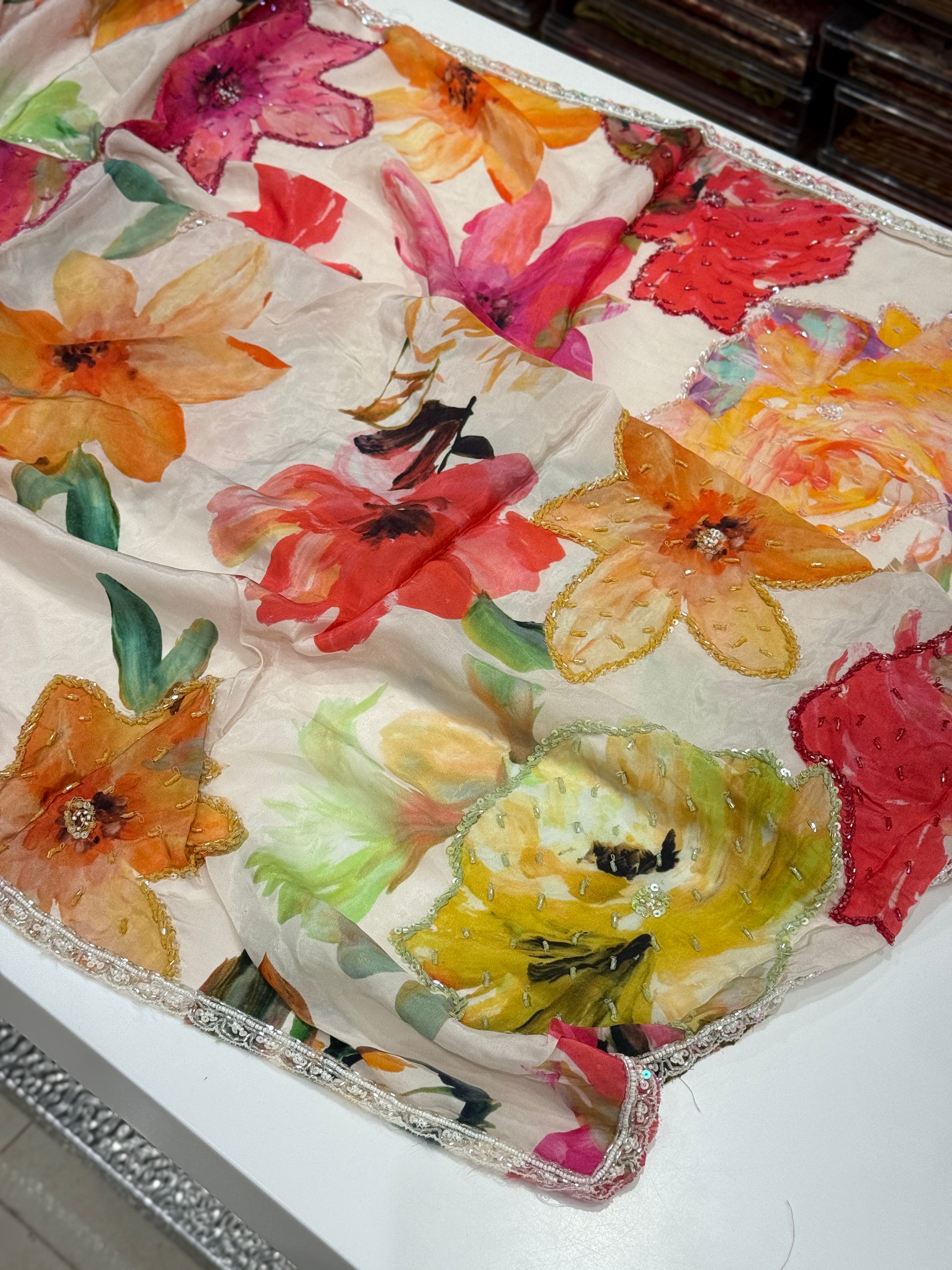 Multi Colour Print Muslin Hand Embroidery Saree