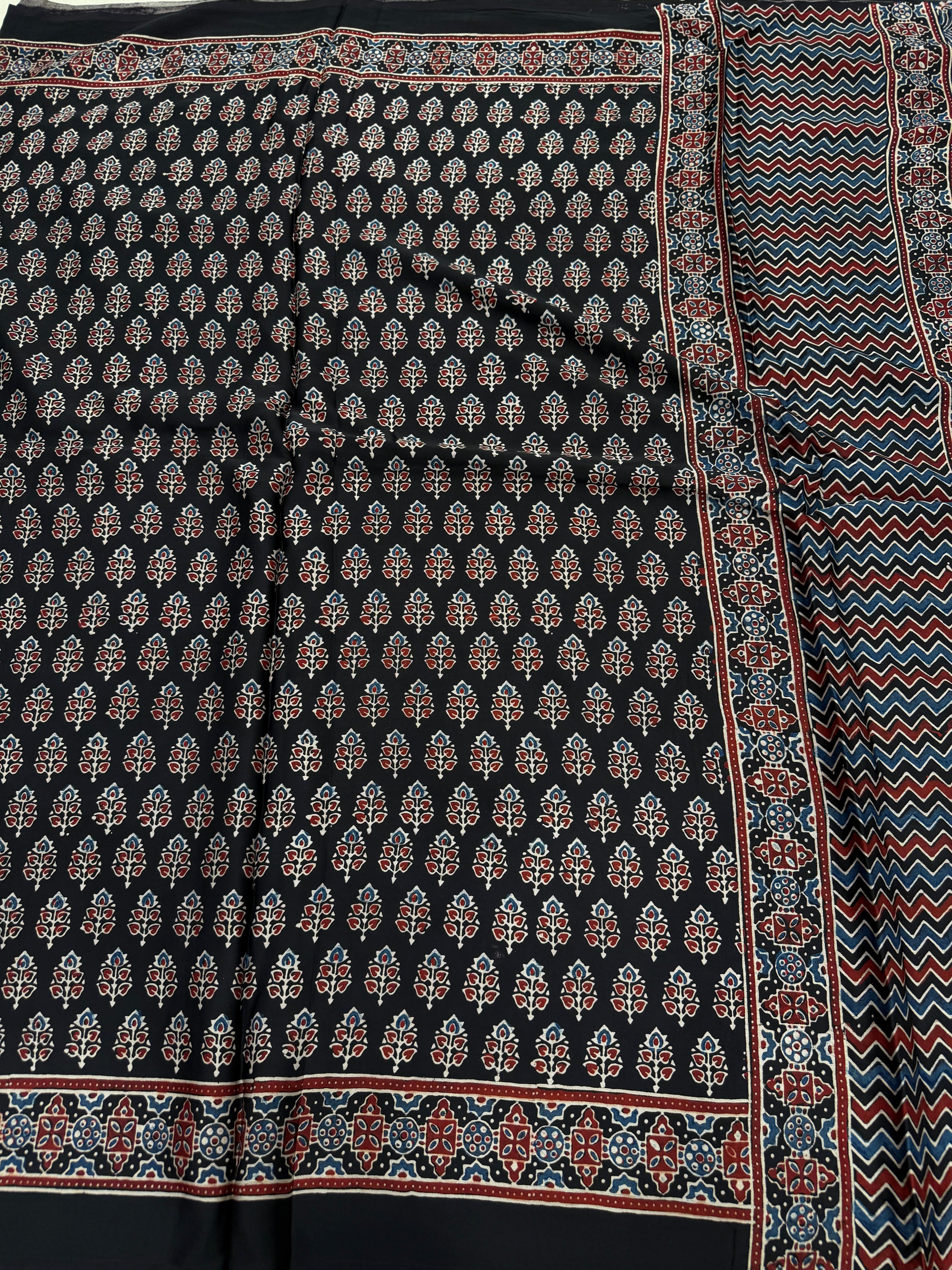Black Kakkar Buttis Ajrakh Block Print Hand Pure Gajji Silk Saree