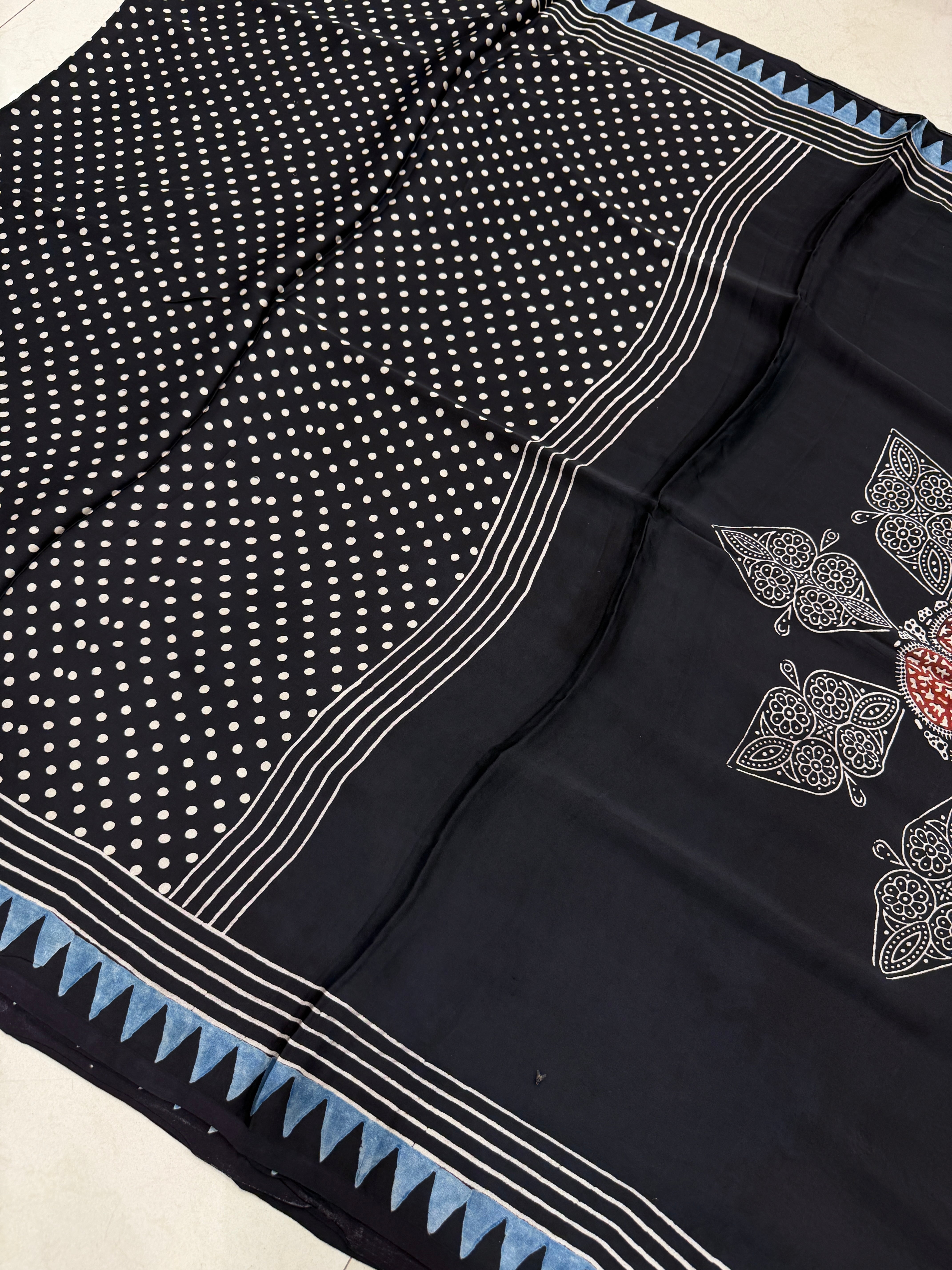Black Polka Dots Ajrakh Hand Block Print Pure Gajji Silk Saree