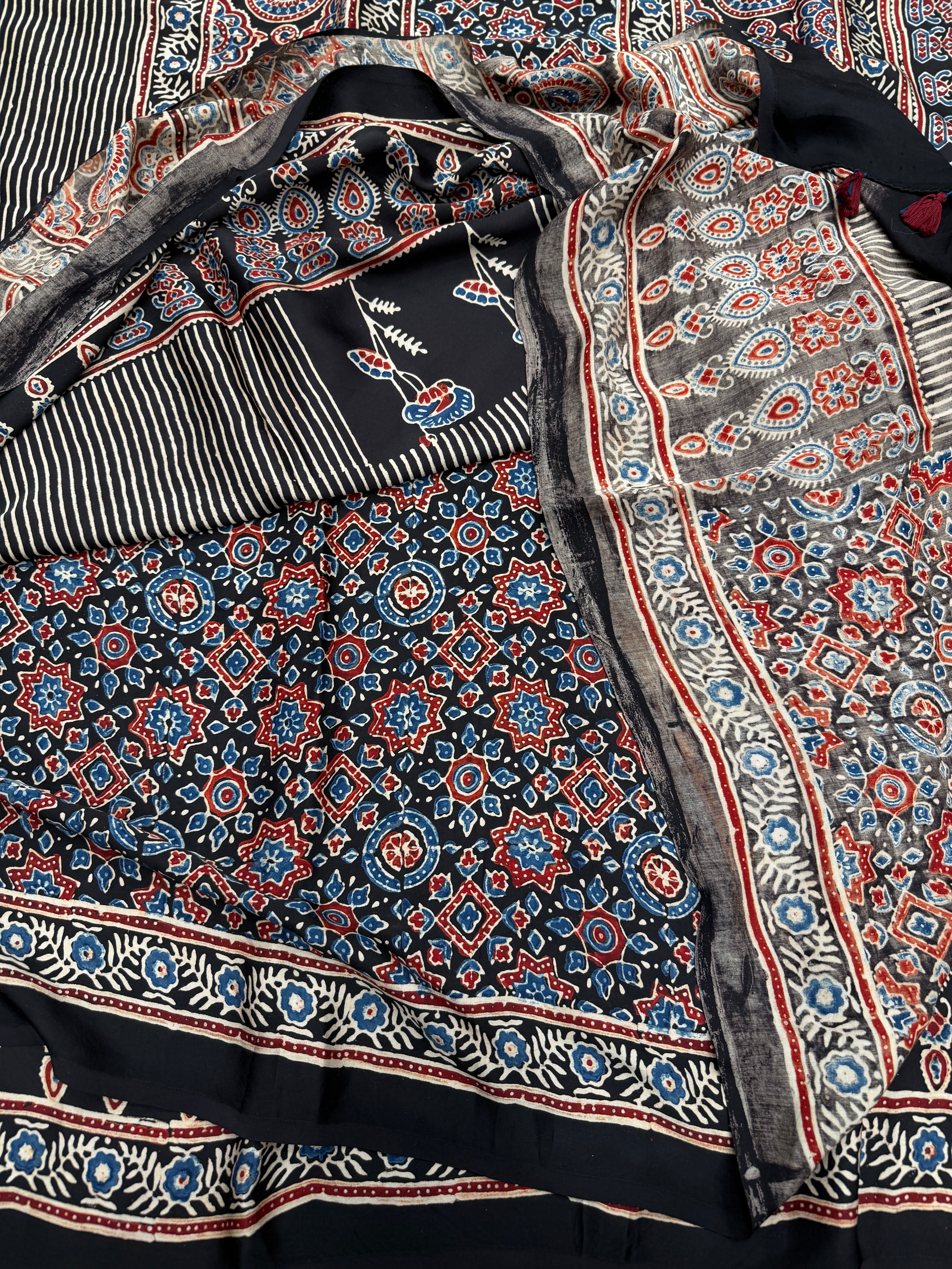 Black Contemporary Butta Ajrakh Hand Block Print Pure Gajji Silk Saree