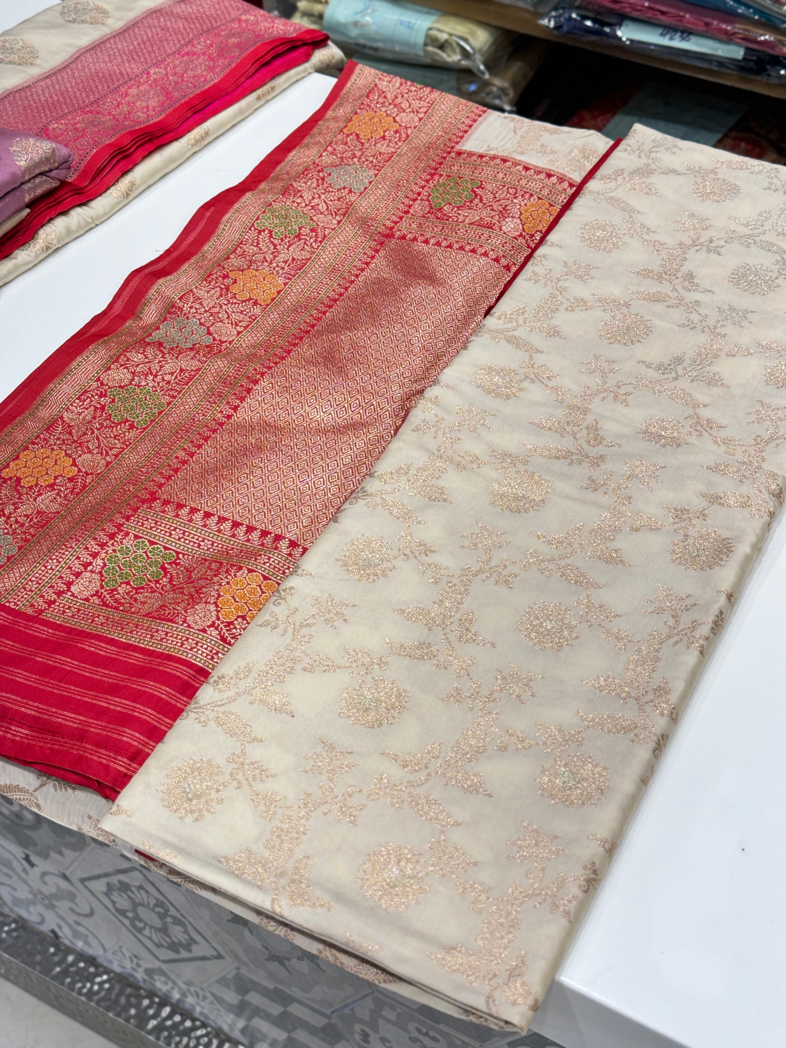 White Red Banarasi Jaal Saree