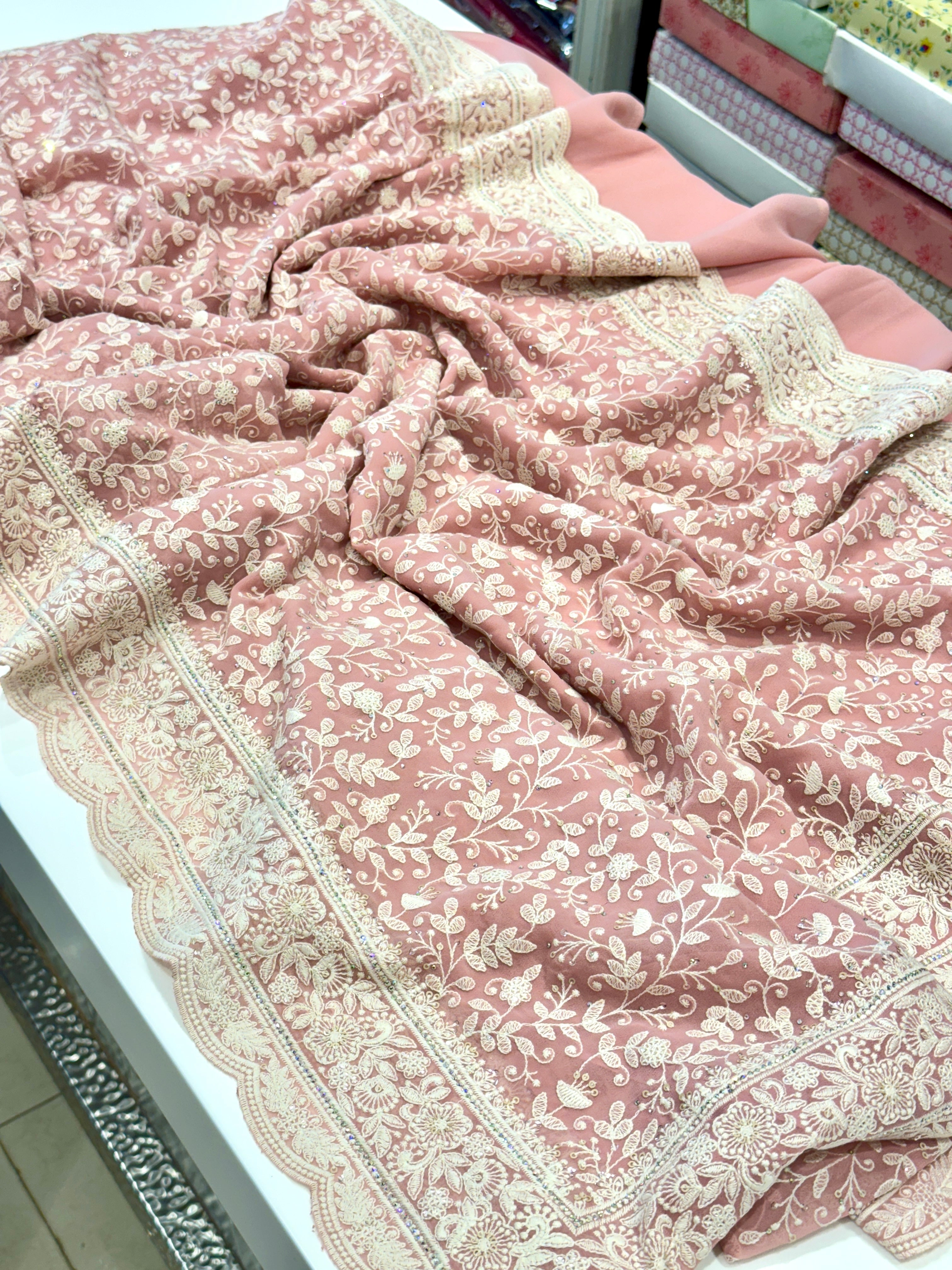 Pink Chikankari Scallop Design Saree