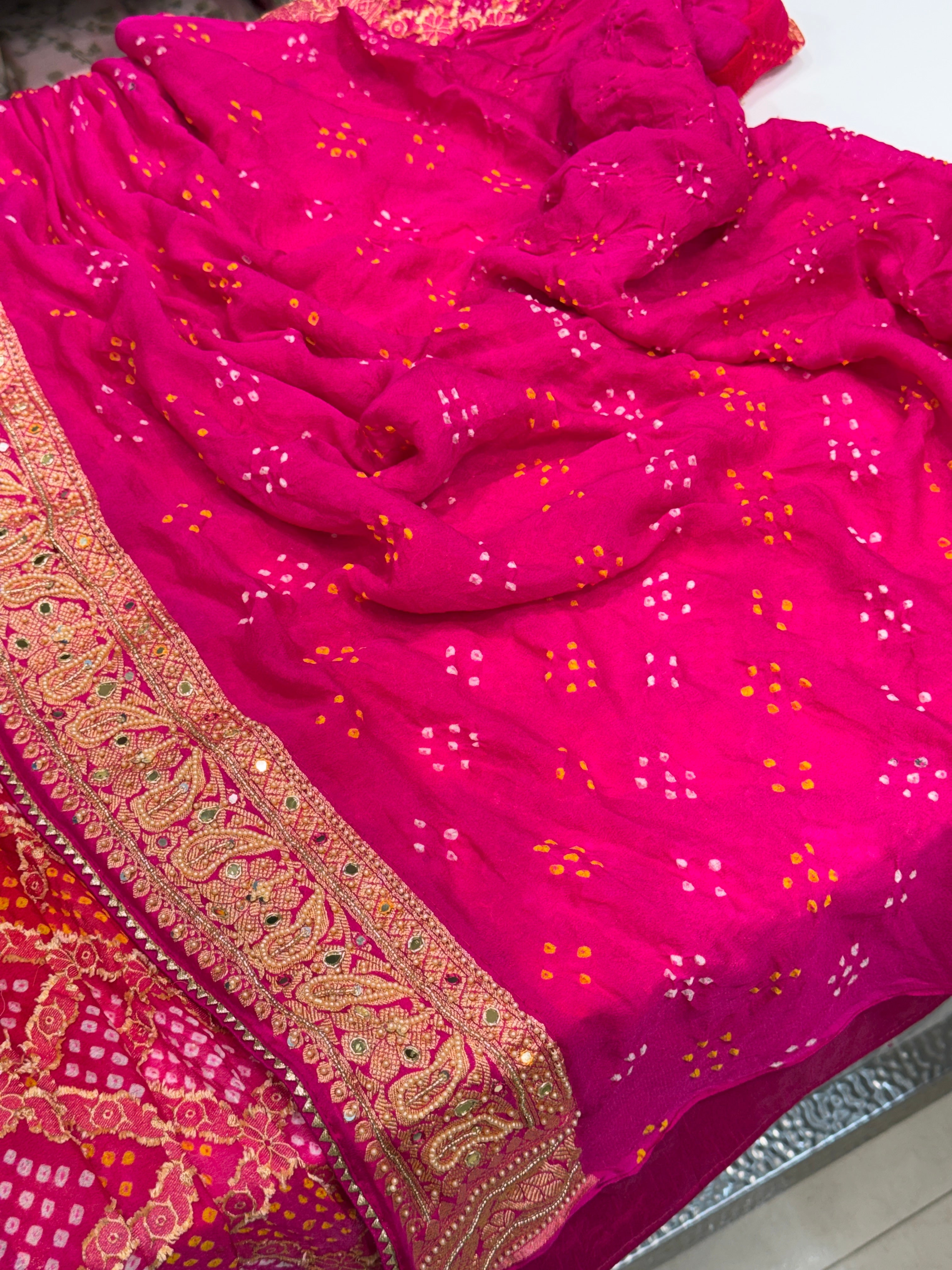 Shaded Rani Red Bandhej Moti Hand Embroidery Saree