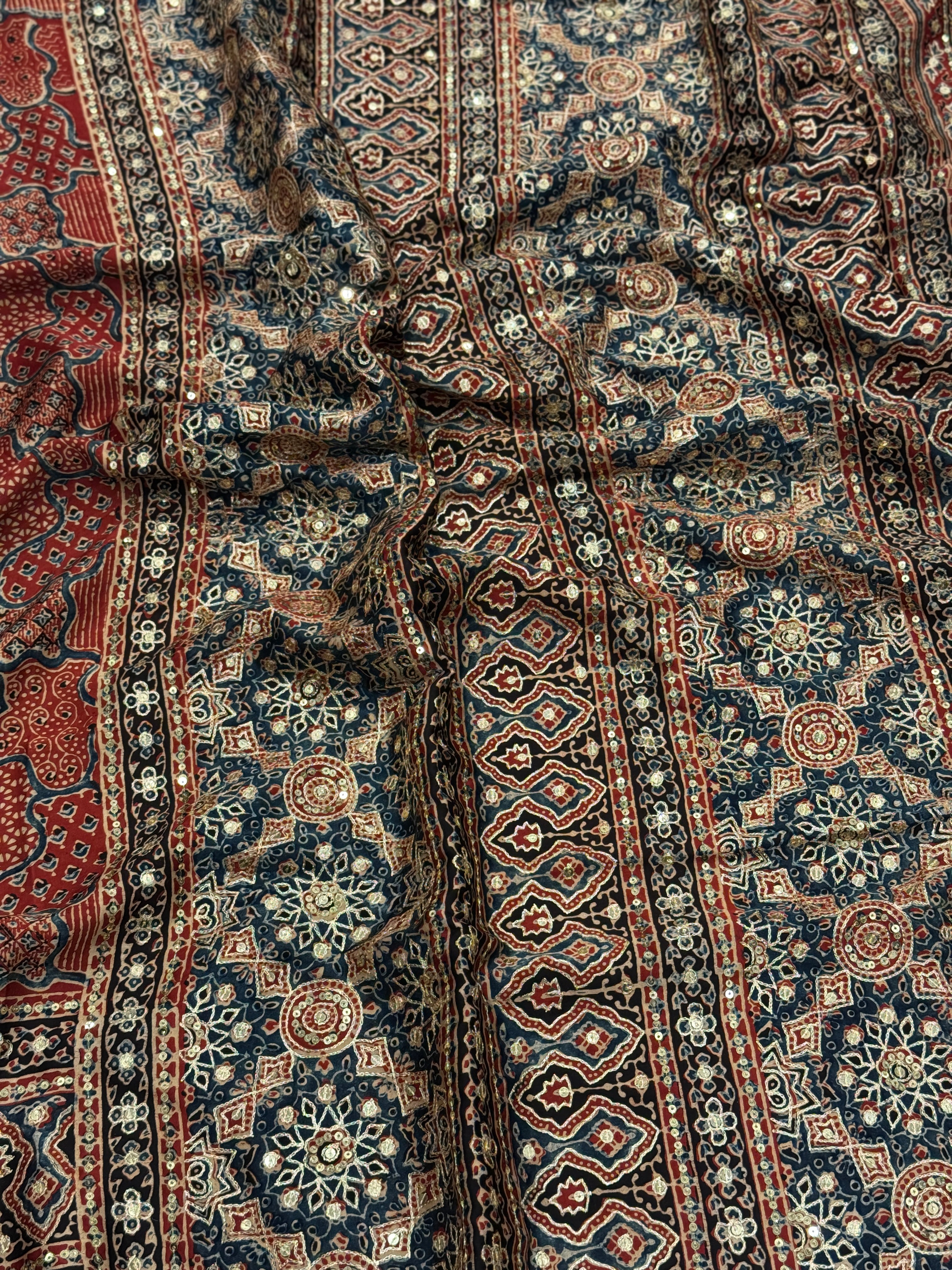 Red Blue Abstract Pita Sequin Ajrakh Hand Embroidery Saree